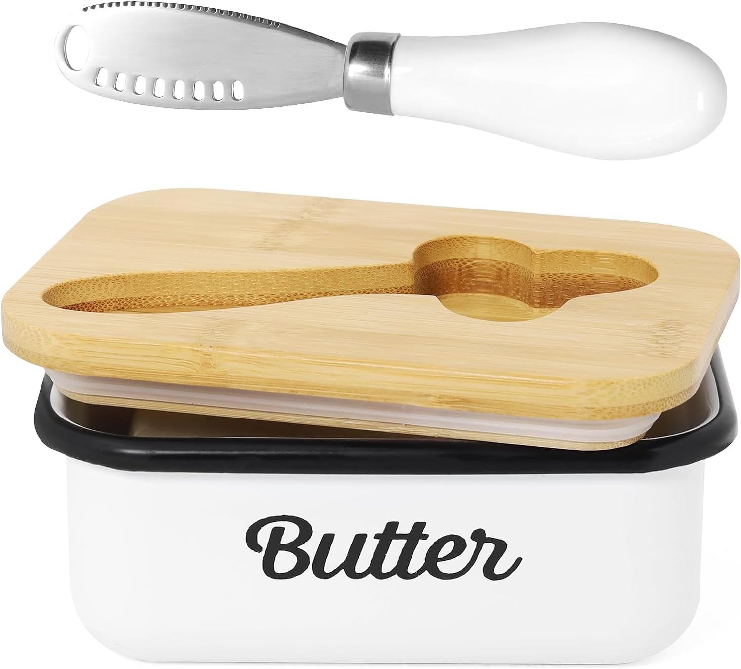 Butter Dish with Lid for Countertop, AISBUGUR Metal Butter Keeper, Includes Stainless Steel Multipurpose Butter Knife, Large Silicone-Enhanced Butter Container, Perfect Kitchen Gift - White image number 1