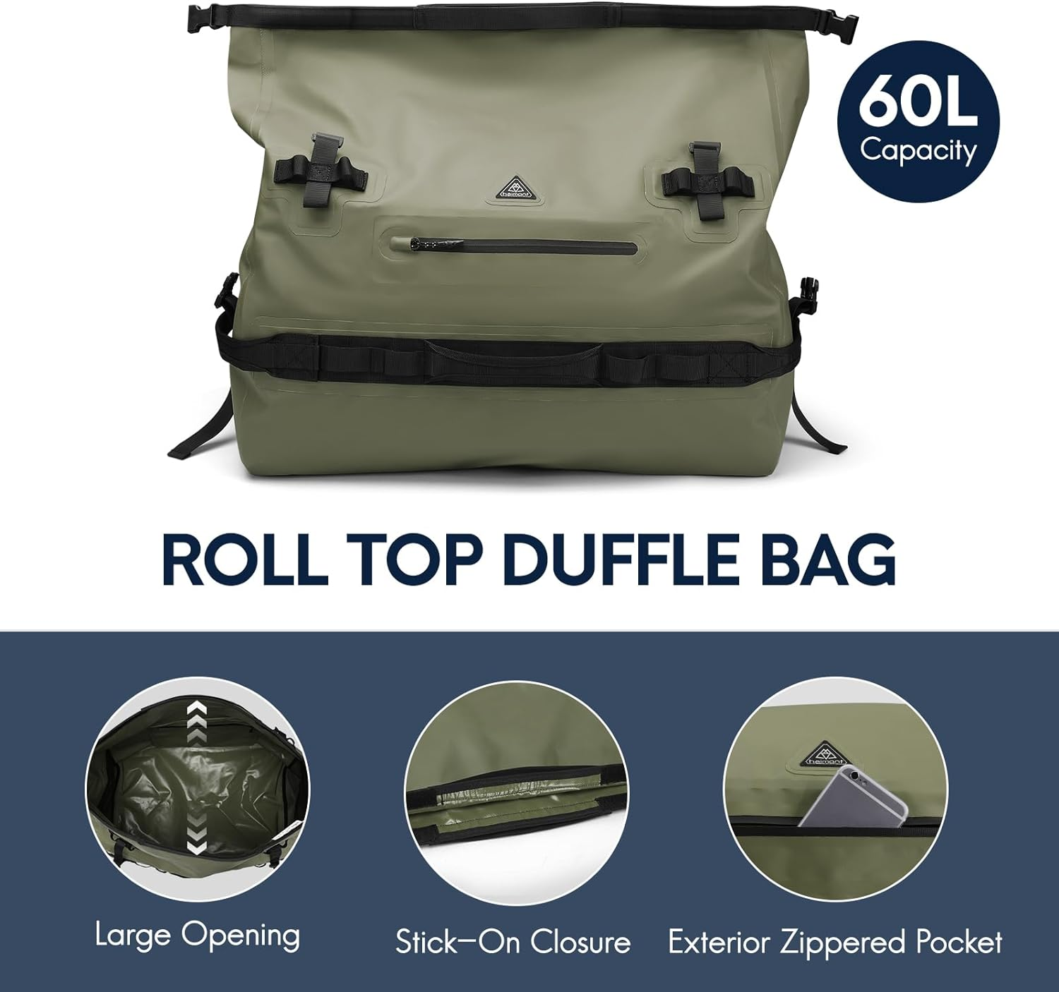 Haimont 60L Waterproof Duffle Sports Holdall Backpack for Men Women Heavy Duty Roll-Top Dry Bag Outdoor, Army Green - Army Green image number 3
