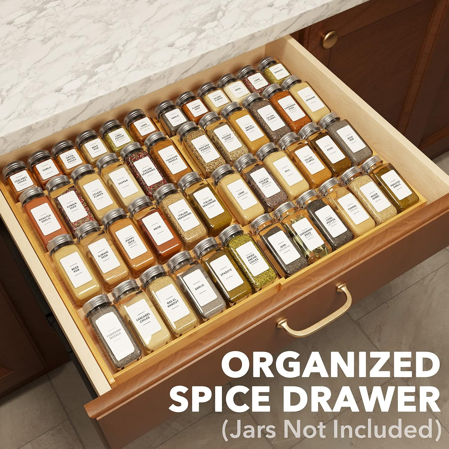 Spaceaid Bamboo Spice Drawer Organizer, (Need 3" Deep Drawer) Expandable 4 Tier Spices Rack for Cabinet, Kitchen Seasoning Storage Insert (Jars Not Included, from 12" to 23" Wide) - Black image number 2
