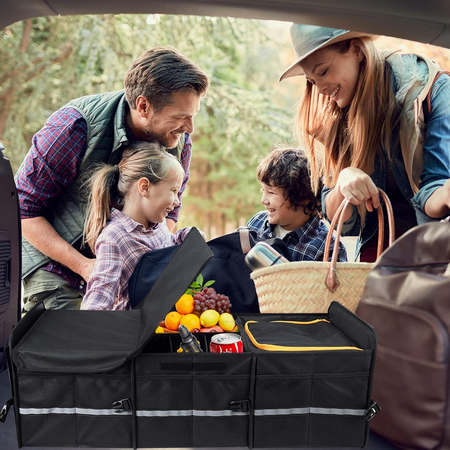 Trunk Organizer for Car, Foldable Car Storage Bag Portable with Built-In Leakproof Insulation Cooler Bag, 5 Compartments Vehicle Divider Heavy Duty Cargo Tote for SUV RV Lorry Truck Car Trip (T783) image number 1