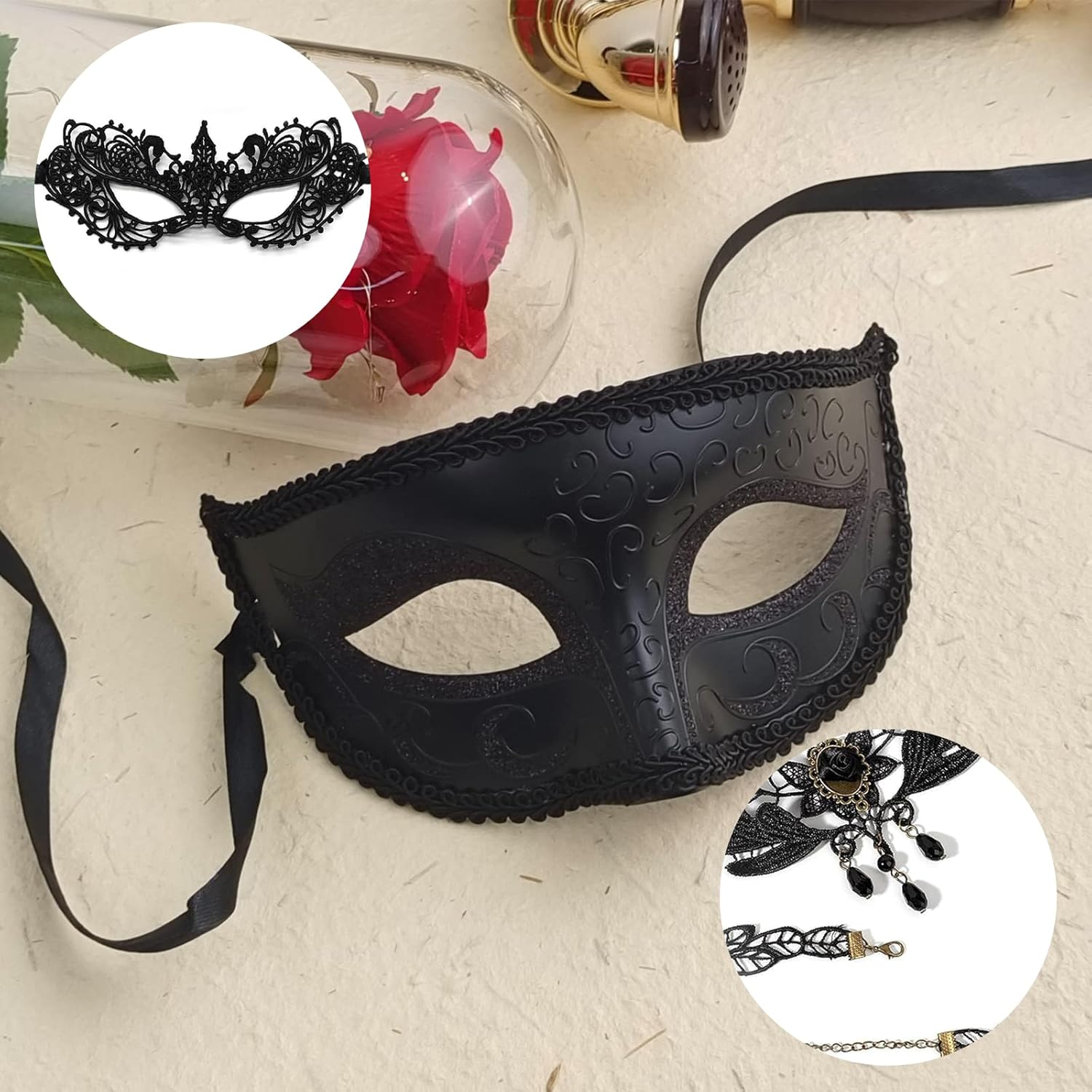 Women'S Masquerade Black Mask - Girl'S Sexy Lace Venetian Style Eye Masks for Cosplay, Halloween Party, Mardi Gras, Costume Ball (2 Masks + Choker) image number 3