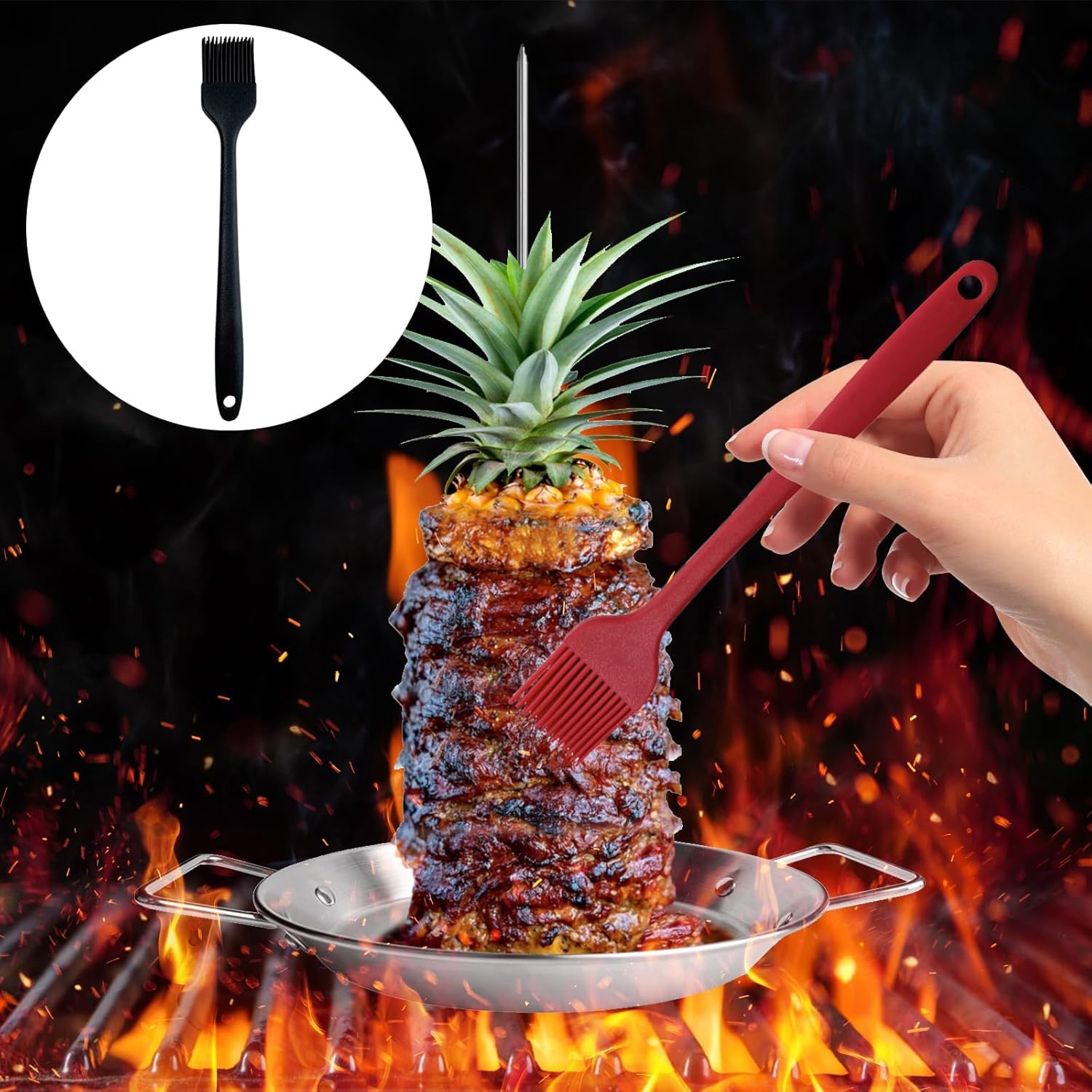 Al Pastor Skewer for Grill, Stainless Steel Vertical Skewer Shawarma Stand Vertical Spit with 3 Removable Spikes(8&rdquo;/10"/12&rdquo;) & Brushes Gyro Pan for Tacos, Kebabs Smoker,Bbq image number 6