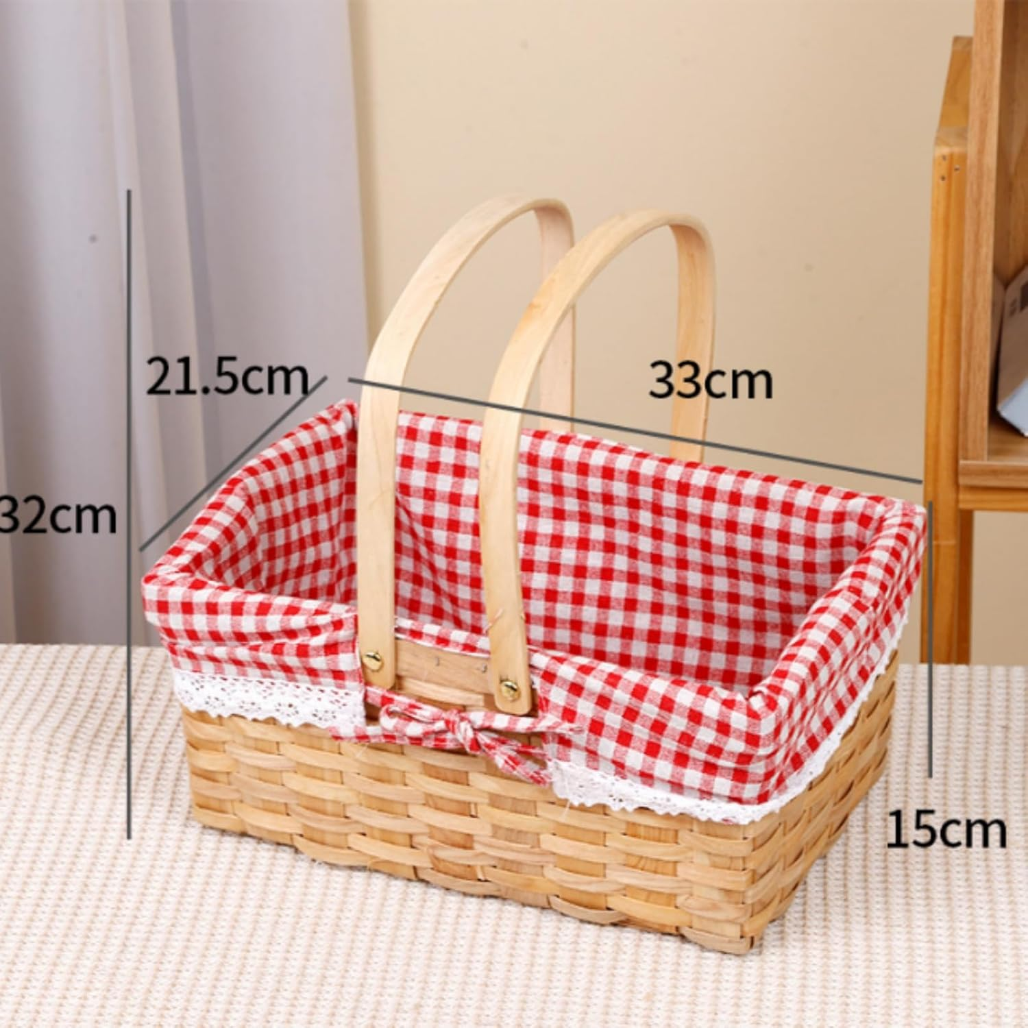 Wicker Basket with Handle, Picnic Basket Rectangular Picnic Basket with Double Folding Handles, Storage Basket, Flower Girl Basket for Decor (Red) image number 4