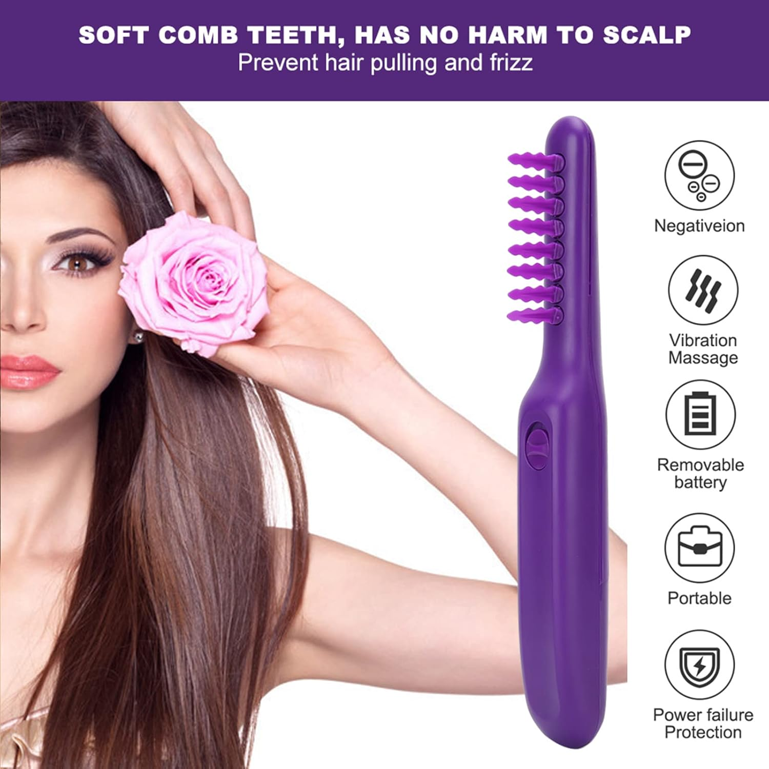 Electric Detangling Comb, Electric Detangling Comb Dry and Wet Ionic Massage Styling Tool for Curly Straight Hair, Purple image number 3