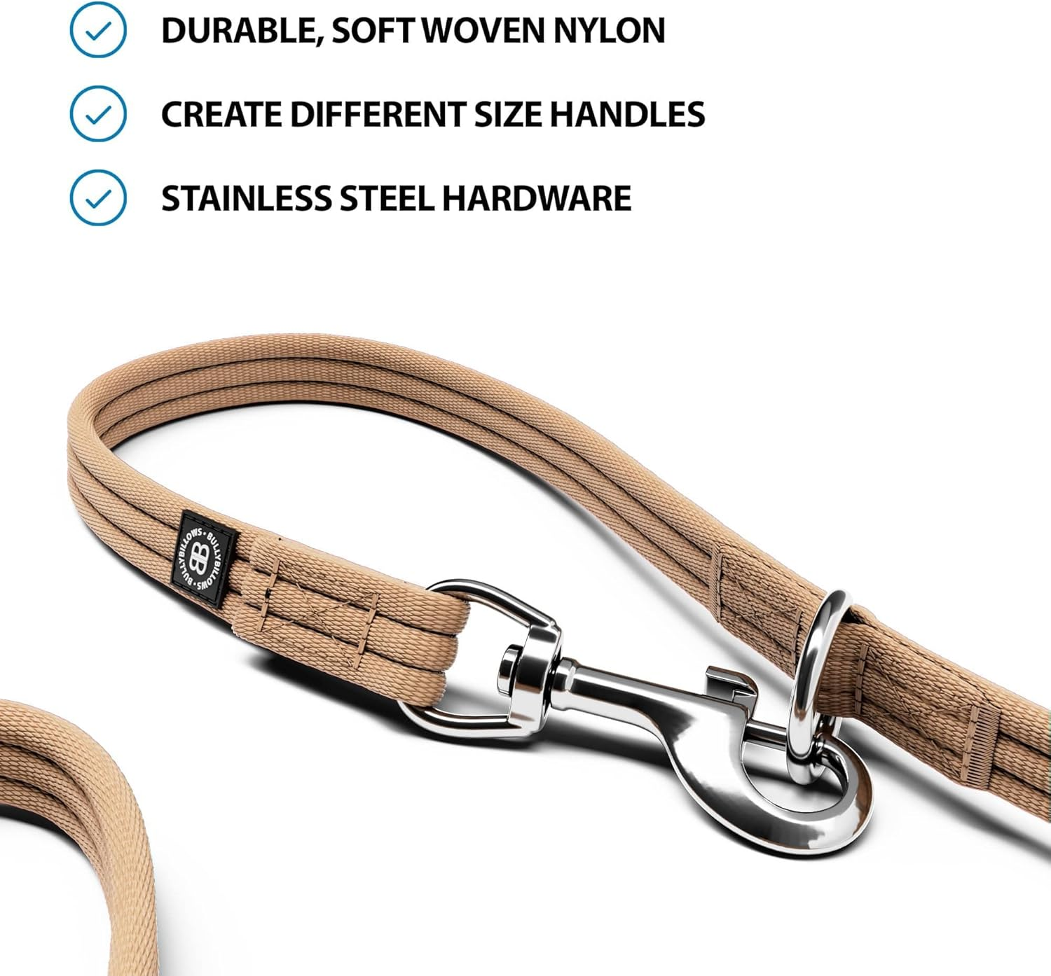 Bullybillows Double Ended Training Dog Lead | Multi-Functional Training Dog Lead | Medium or Long Length for Obedience Training or Distance Work | Tan image number 2