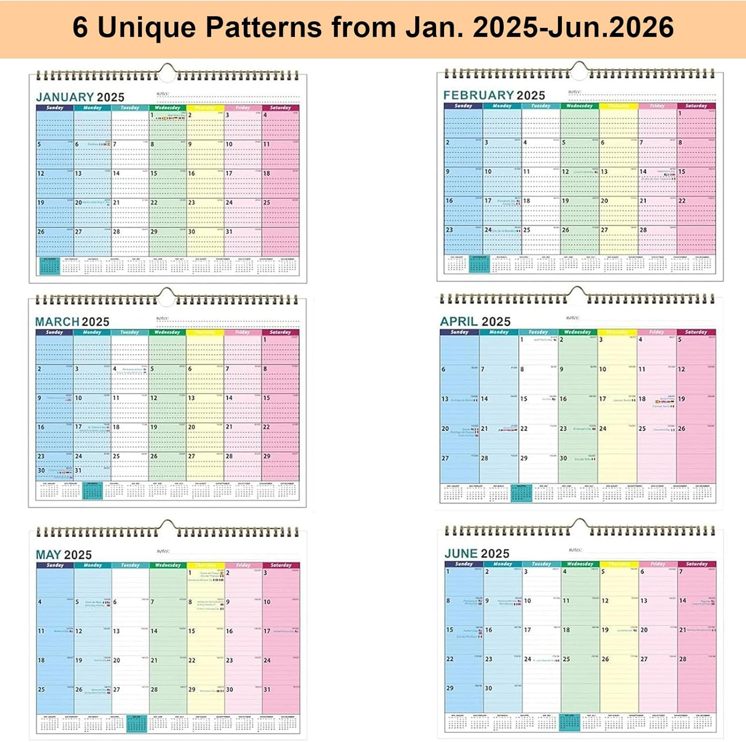 2025-2026 Wall Calendar,18 Monthly Calendar July 2025-December 2026,Thick Paper Easy to Write and Read Notes,11.8 Inch Width 8.6 Inch High, Rainbow Colour-Coded Days, Spiral-Bound image number 5