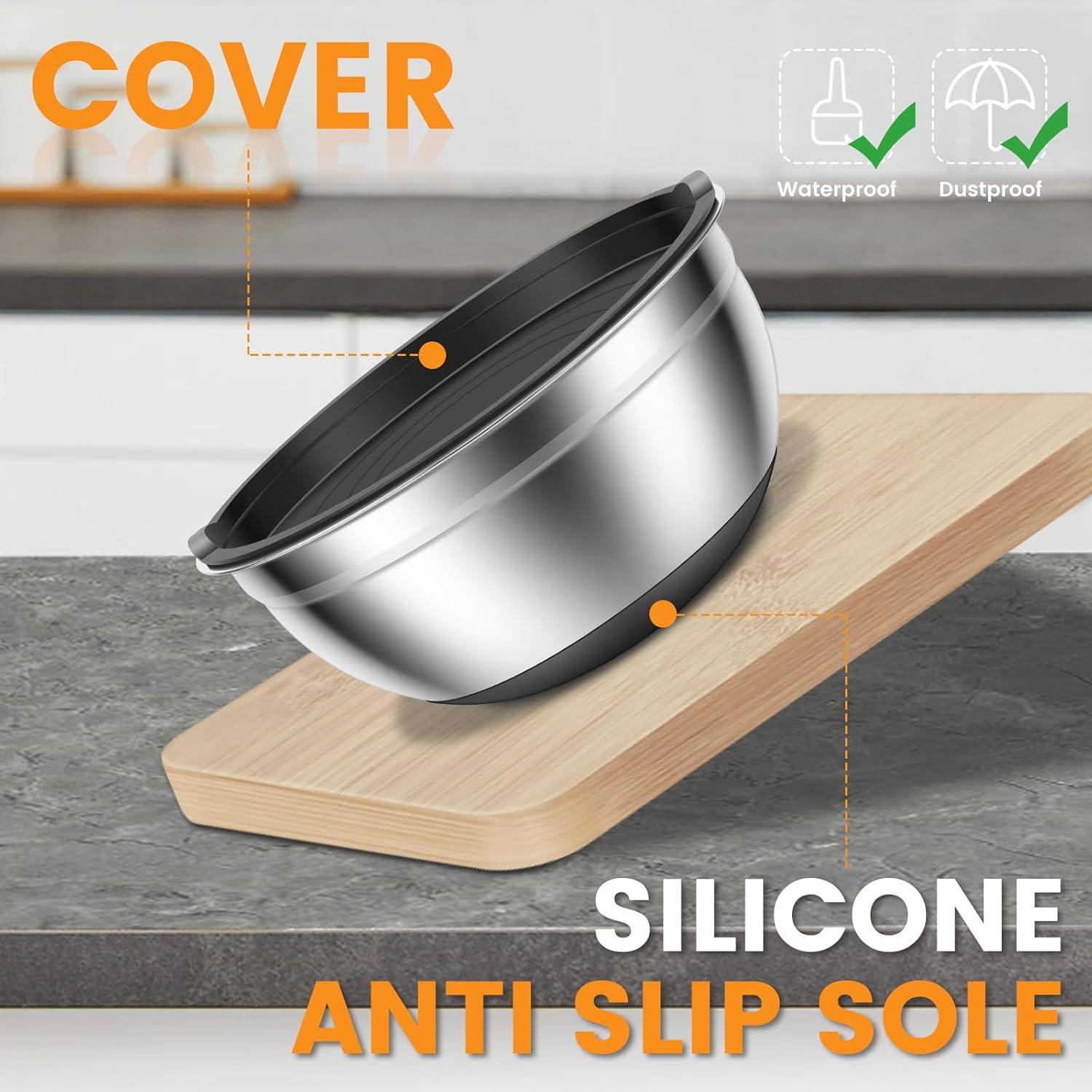 5 Pcs Mixing Bowls with Lids Stainless Steel Nesting Bowls Set with Non-Slip Silicone Bottoms Kitchen Metal Bowls for Mixing Baking Prepping Cooking Serving 4.5QT Large to 0.7QT Small image number 4