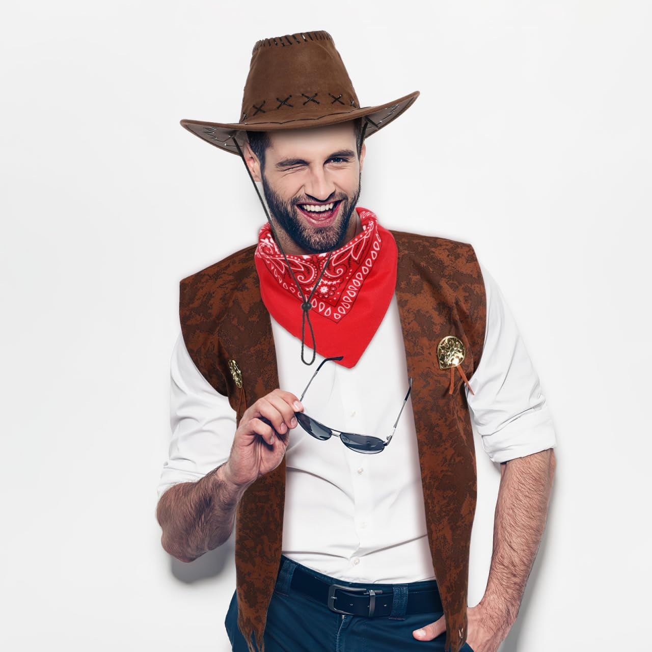 VICASKY Western Outfits for Men, 3Pcs Halloween Suede Leather Vest Scarf Hat Cowboy Tassel Vest Hat Paisley Bandana for Halloween Cosplay Accessory image number 6