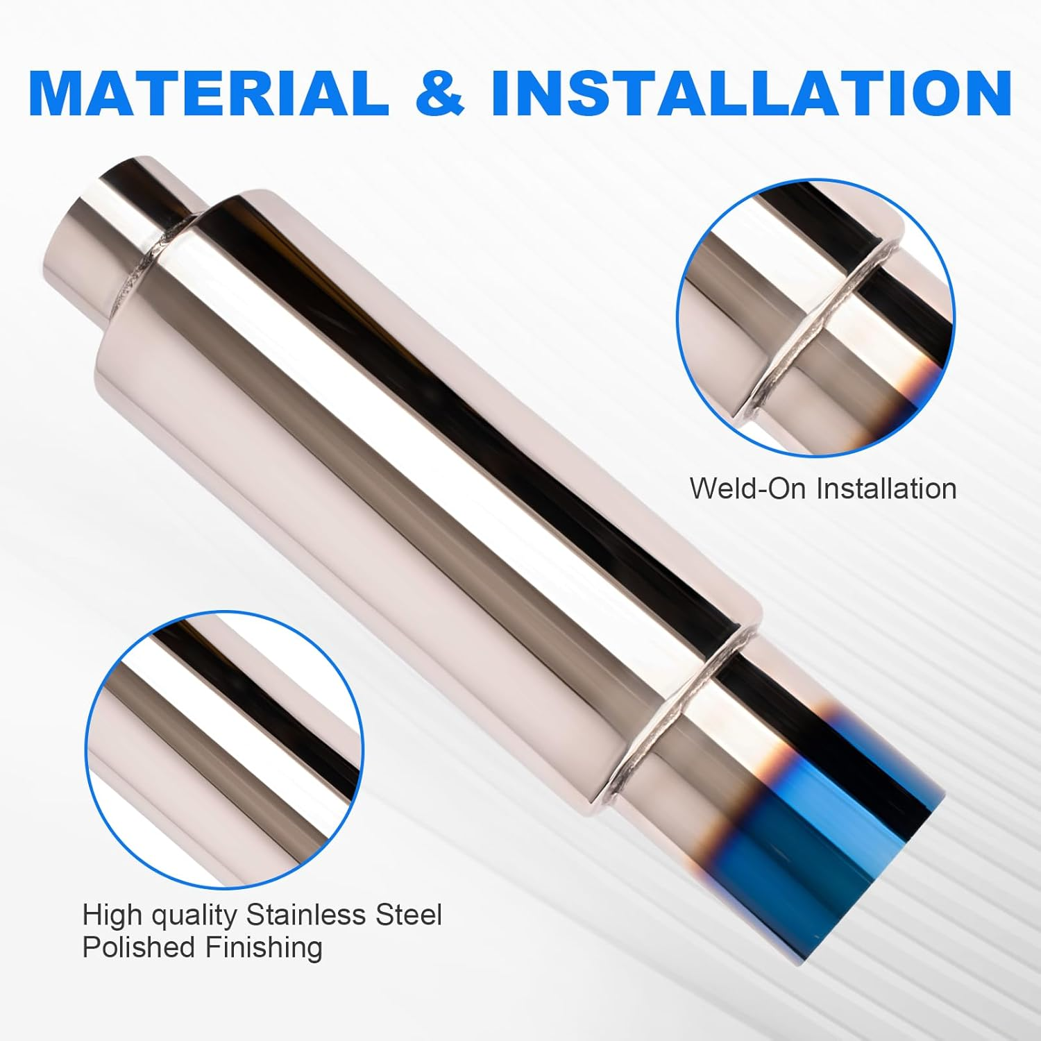 Yeoflagtrade 3.0 Inch Inlet 4.0 Inch Outlet Exhaust Muffler 3.0" to 4.0" Universal 18.5" Length Stainless Steel Polished Exhaust Tip Burnt Blue image number 5