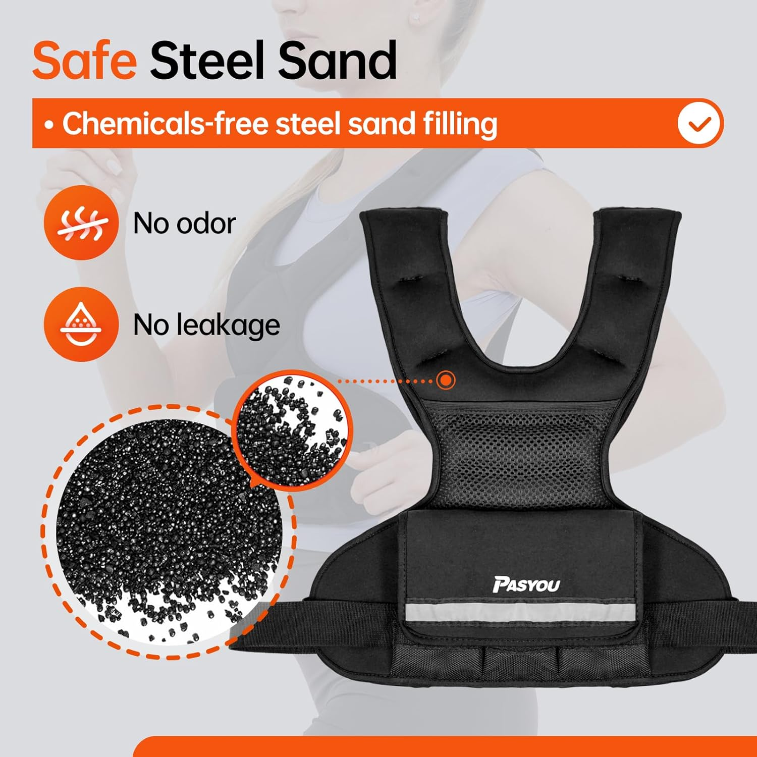 PASYOU Adjustable Weighted Vest 10LB-22LB with Reflective Strip Body Weight Vest with 6 Ironsand Weights 2 Ankle Weights for Men Women Running Weights Vest for Cardio Strength Training Walking Black image number 2