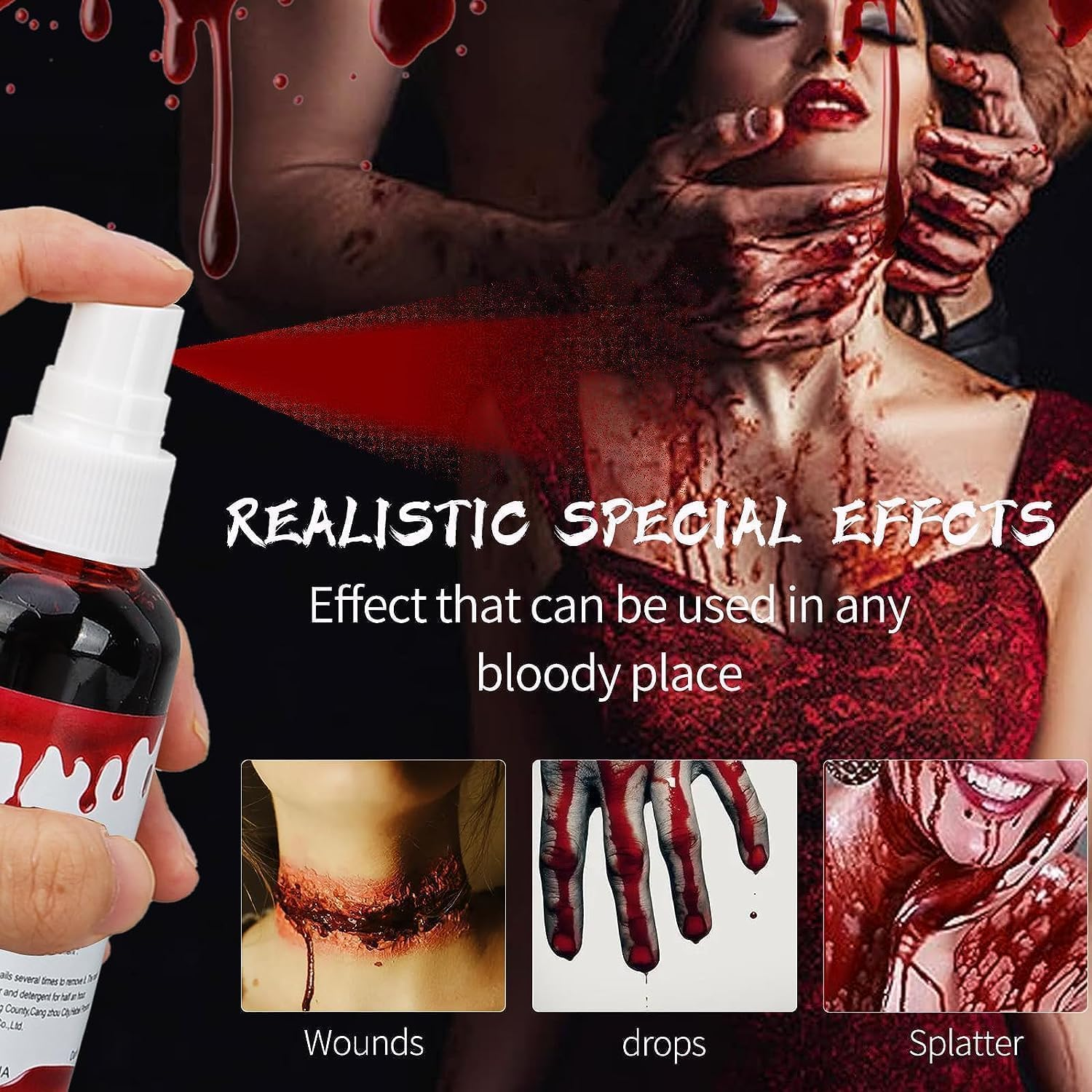 Fake Blood Spray, (60ML) Halloween Fake Blood with 15Mm Vampire Teeth, Vampire Blood Zombie Makeup Halloween SFX Makeup for Blood Splatter Costume,Zombie,Vampire and Monster Dress up Cosplay image number 5