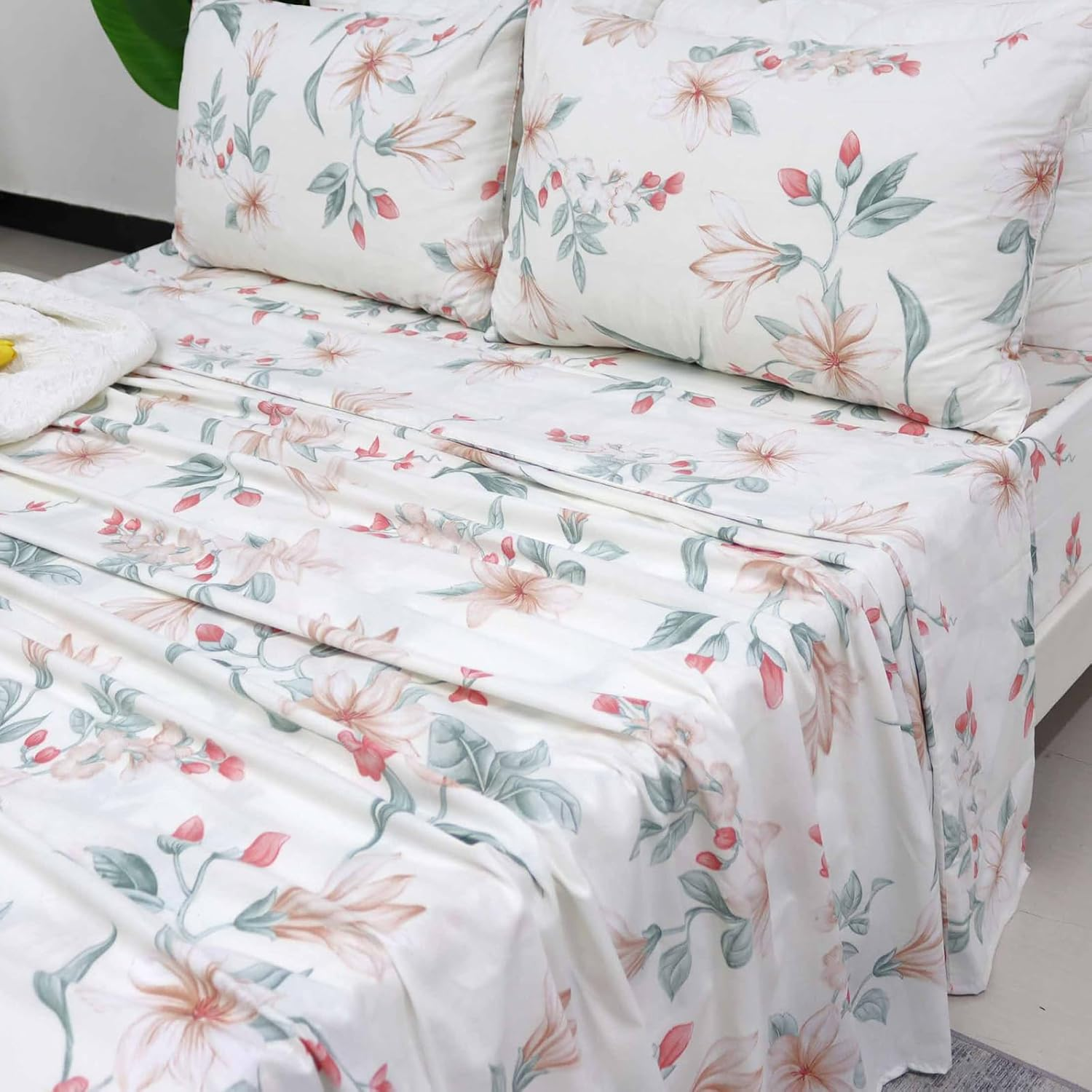 Helthep Floral Sheet Set Twin, 100% Cotton White Floral Printed Sheets Botanical Lily Pattern Sheets Red Chic Flower Green Leaves Luxury Percale Sheet with 17.5" Deep Pocket, Vintage French Bedding image number 4