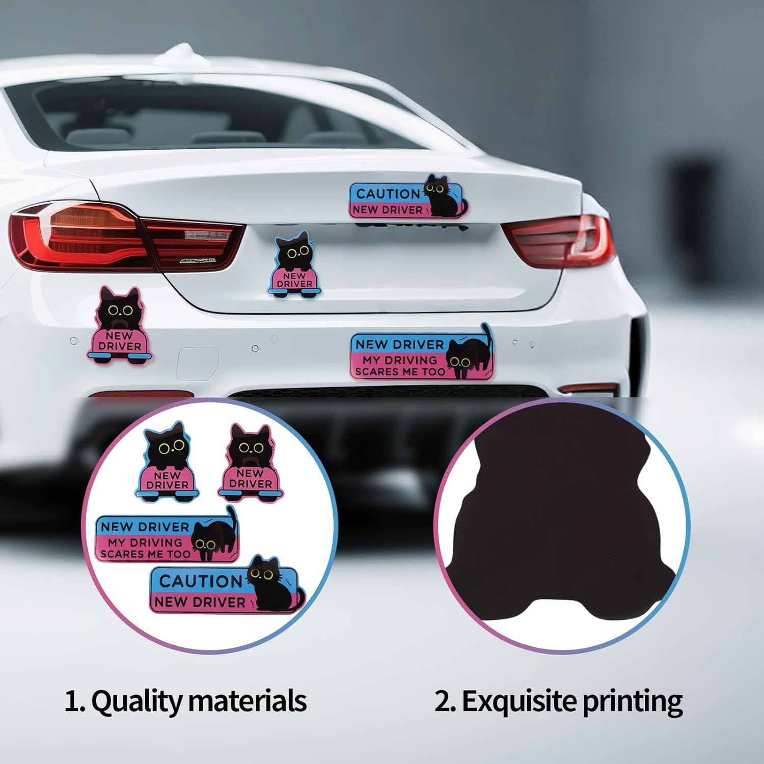 4Pcs Black Cat New Driver Car Magnets, Cute Cartoon Shivering Cat Caution Student Driver Safety Signs Reusable Magnetic Bumper Stickers Funny Car Decals for Beginners Novice Drivers Gifts image number 2