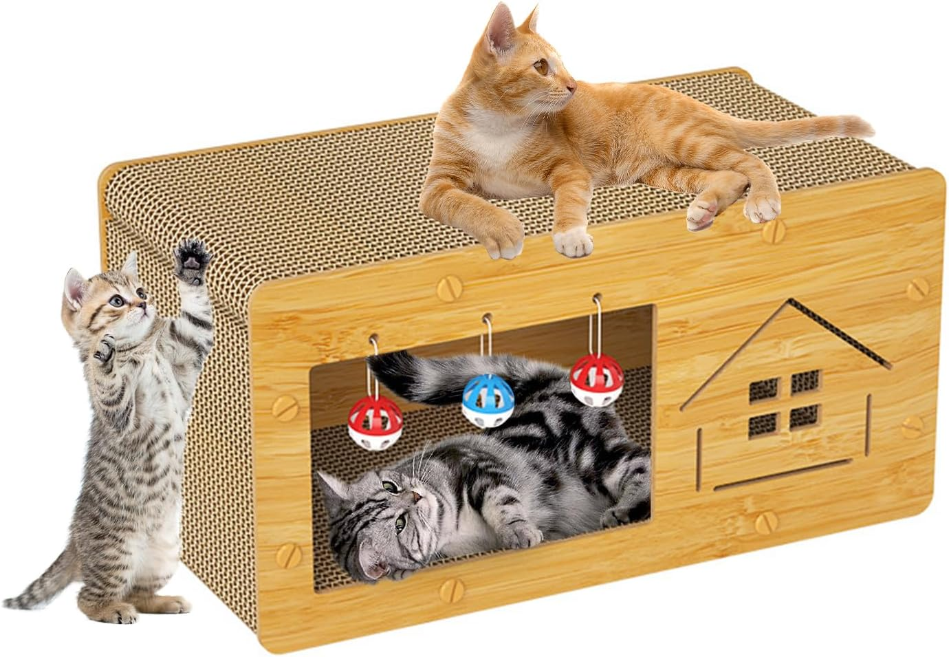 Cat Scratching House Cardboard Cat House with Cat Scratching Pads Cat Bed Condo with Bell Fluffy Ball for Multi Small Pet Large Kitty Easy to Assemble Large