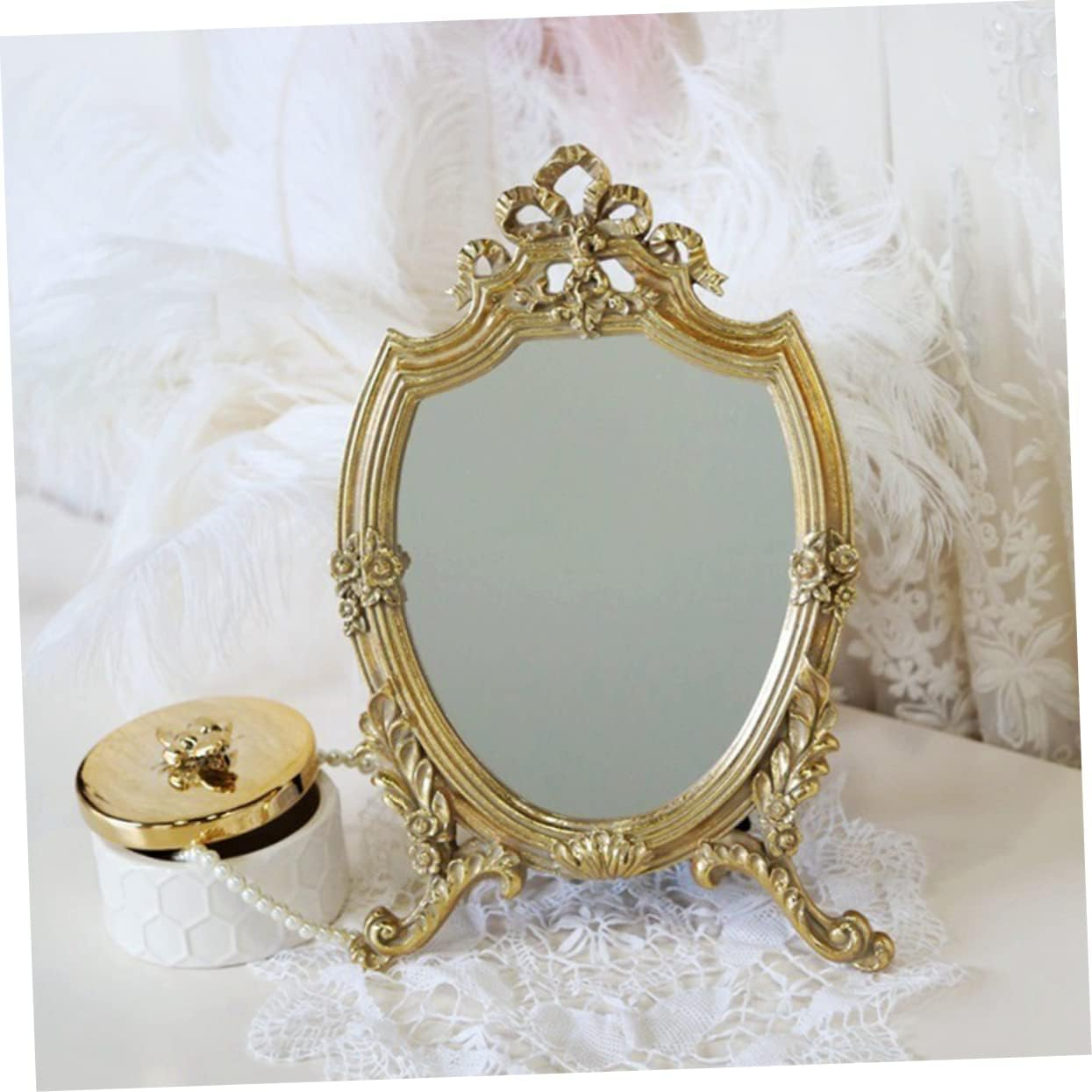 COMPUKAS Vintage Gold Makeup Mirror Wall Mounted or Free Standing Decorative Bathroom Mirror for Beauty Unique Design for Dressing Table and Bedroom