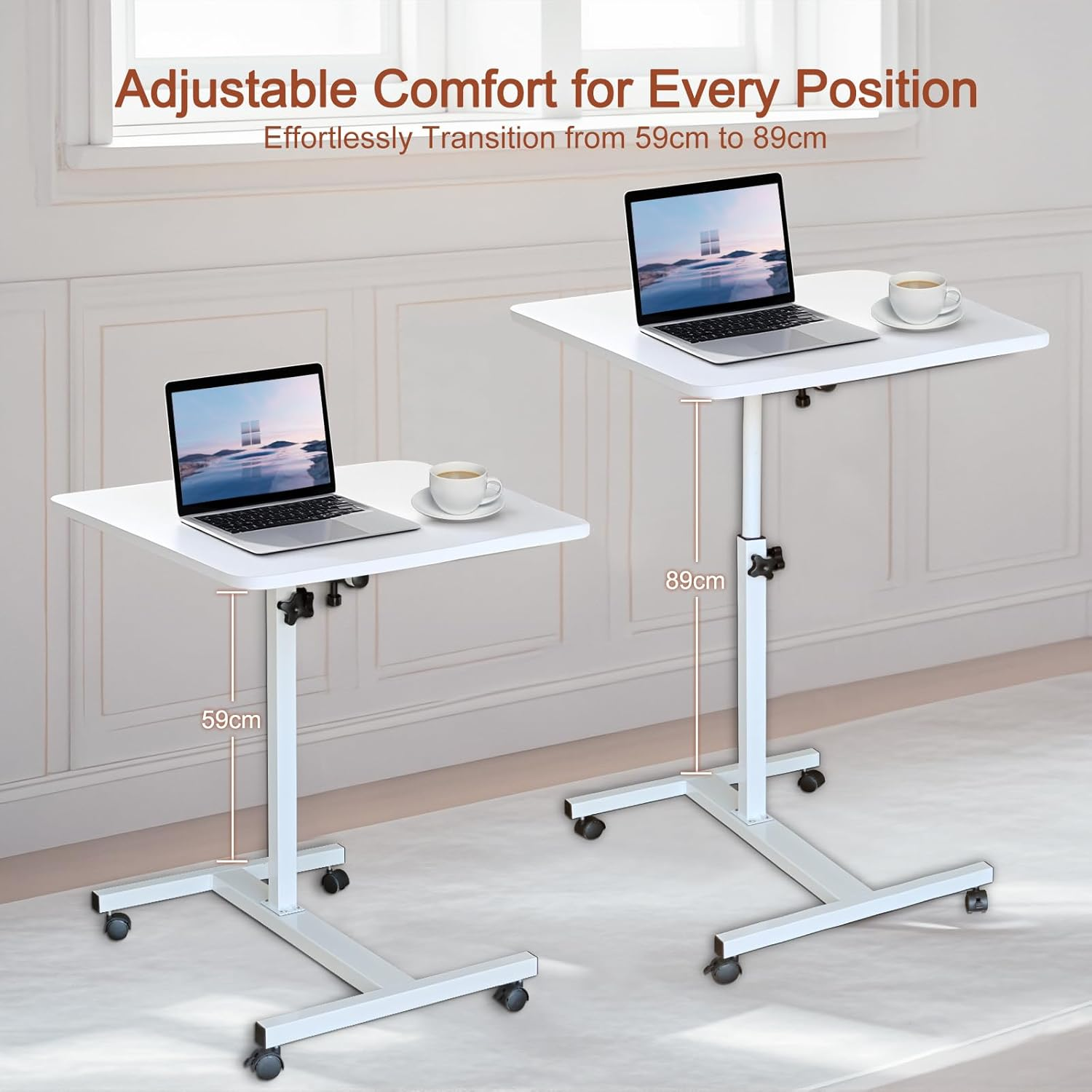 ONEIN Overbed Table with Wheels, Adjustable Laptop Table for Bed Couch Sofa, Portable Standing Desk for Home Office, C Shaped Small Study Table, Tiltable & Stable image number 1