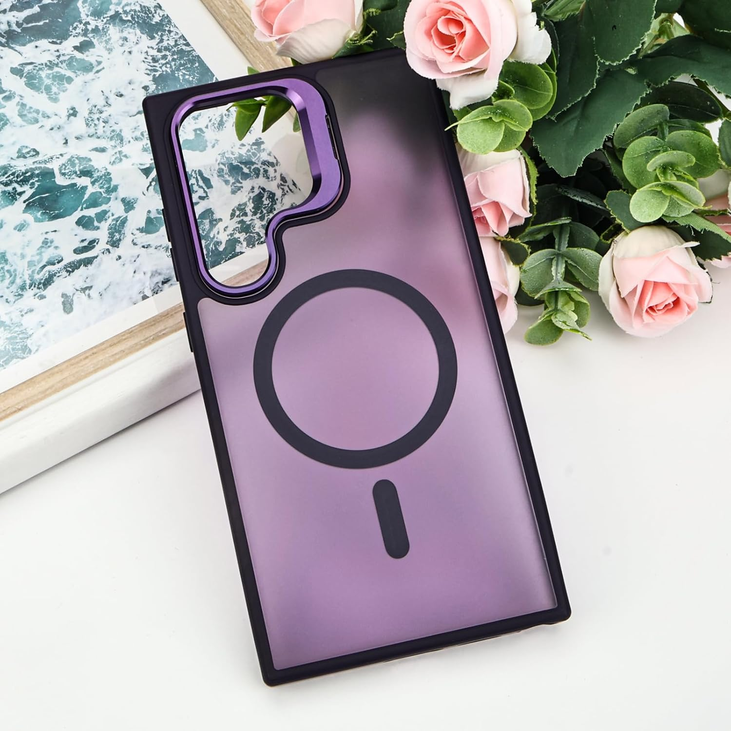 Tcaraersing for Samsung Galaxy S24 Ultra Magnetic Case with Stand [Compatible with Magsafe] Built-In Camera Ring Holder Stash Kickstand Slim Matte Frosted Cover Anti-Fingerprint, Translucent Purple image number 2