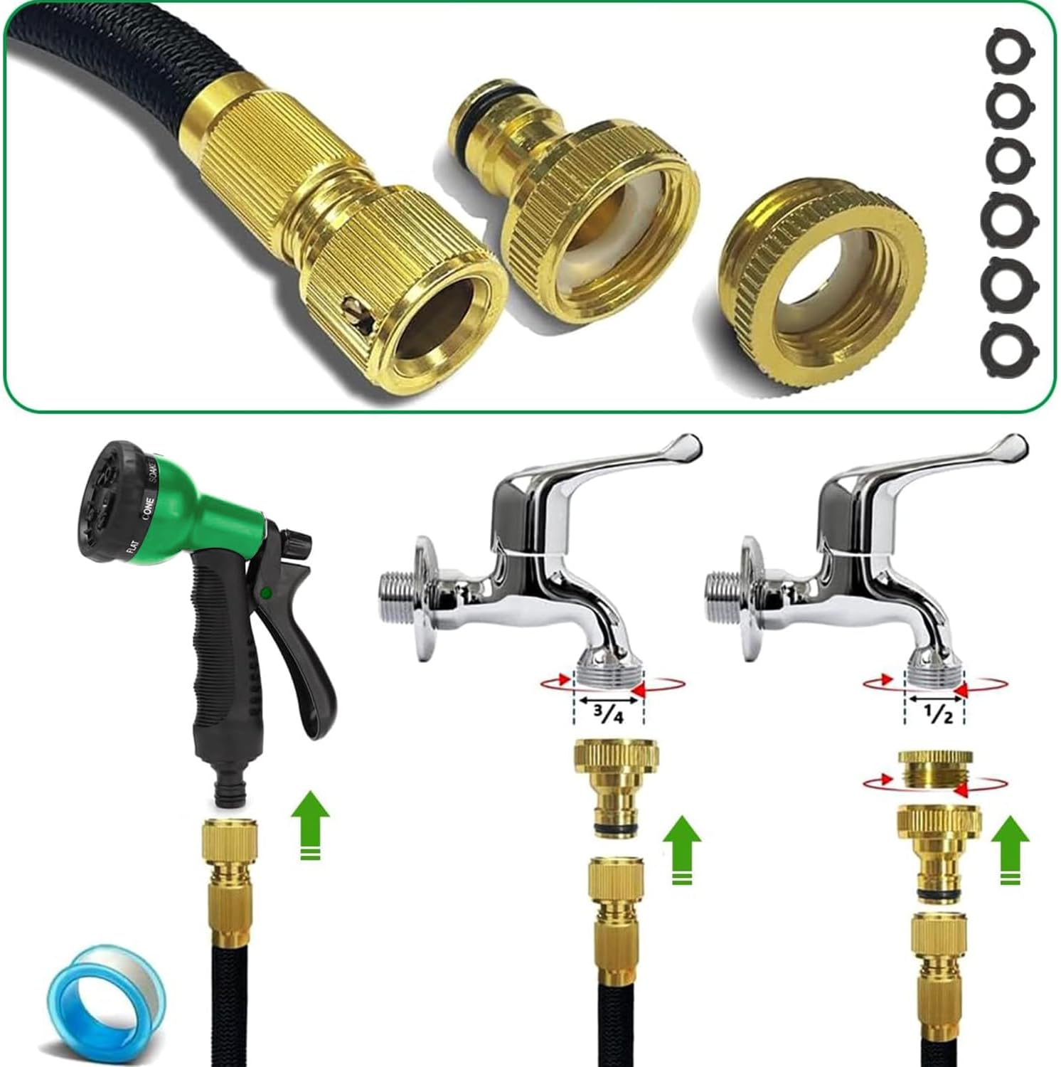 50Ft Garden Hose 15M Water Hose, with 8 Function Spray Nozzle, 1/2 Inch & 3/4 Inch Convertible Connectors, 15M Stretch Garden Hose Ideal for Car Wash & Garden image number 4