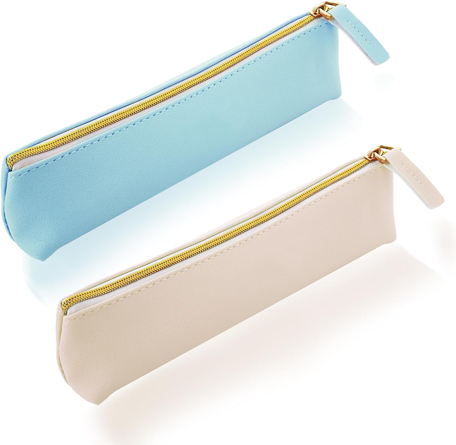 TIESOME PU Leather Pencil Case, 2PCS Cute Slim Pen Bag Small Pencil Pouch Zipper Bag Lovely Stationery Portable Cosmetic Pouch for Pen Pencils (White+Blue) image number 3