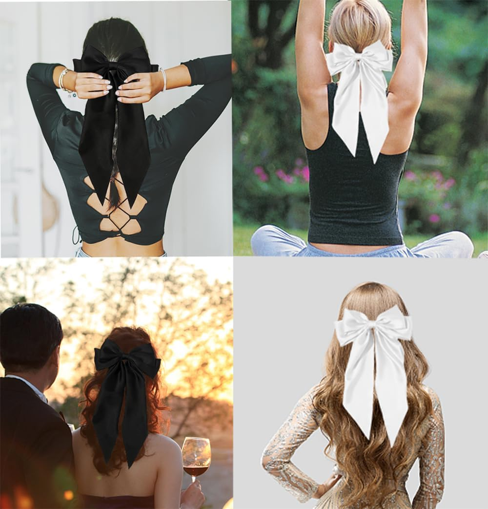 TRKETK 2 PCS Bow Hair Clips, Hair Accessories for Girls Solid Color Bowknot Hairpin French Barrette with Long Ribbon Hair Fastener Accessories Soft Satin Silky Hair Bows for Women Girls(Black+White) image number 3