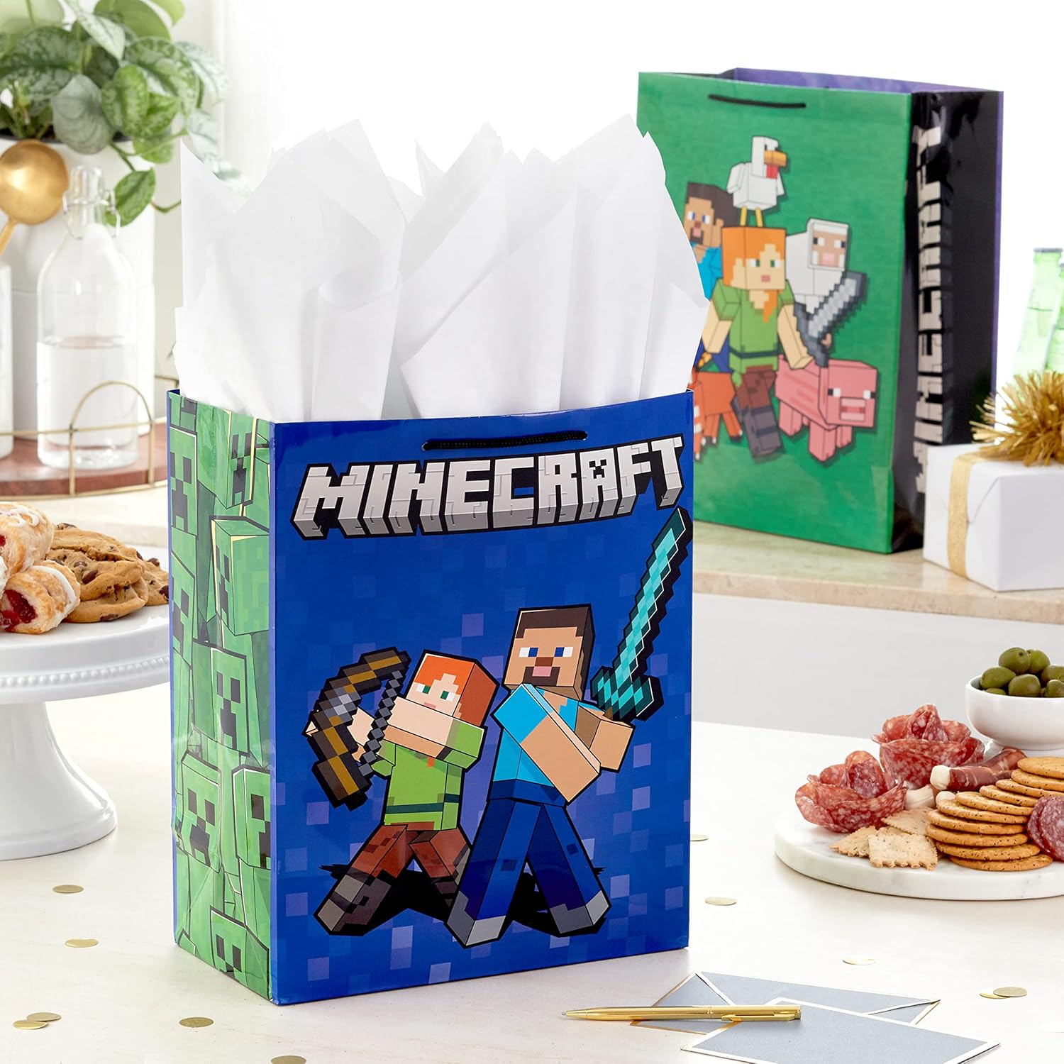 Hallmark Minecraft Gift Bag Bundle (2 Bags: 13" Large Blue Bag, 15" Extra Large Green) for Birthdays, Christmas, Valentine'S Day, Halloween, Kids Parties