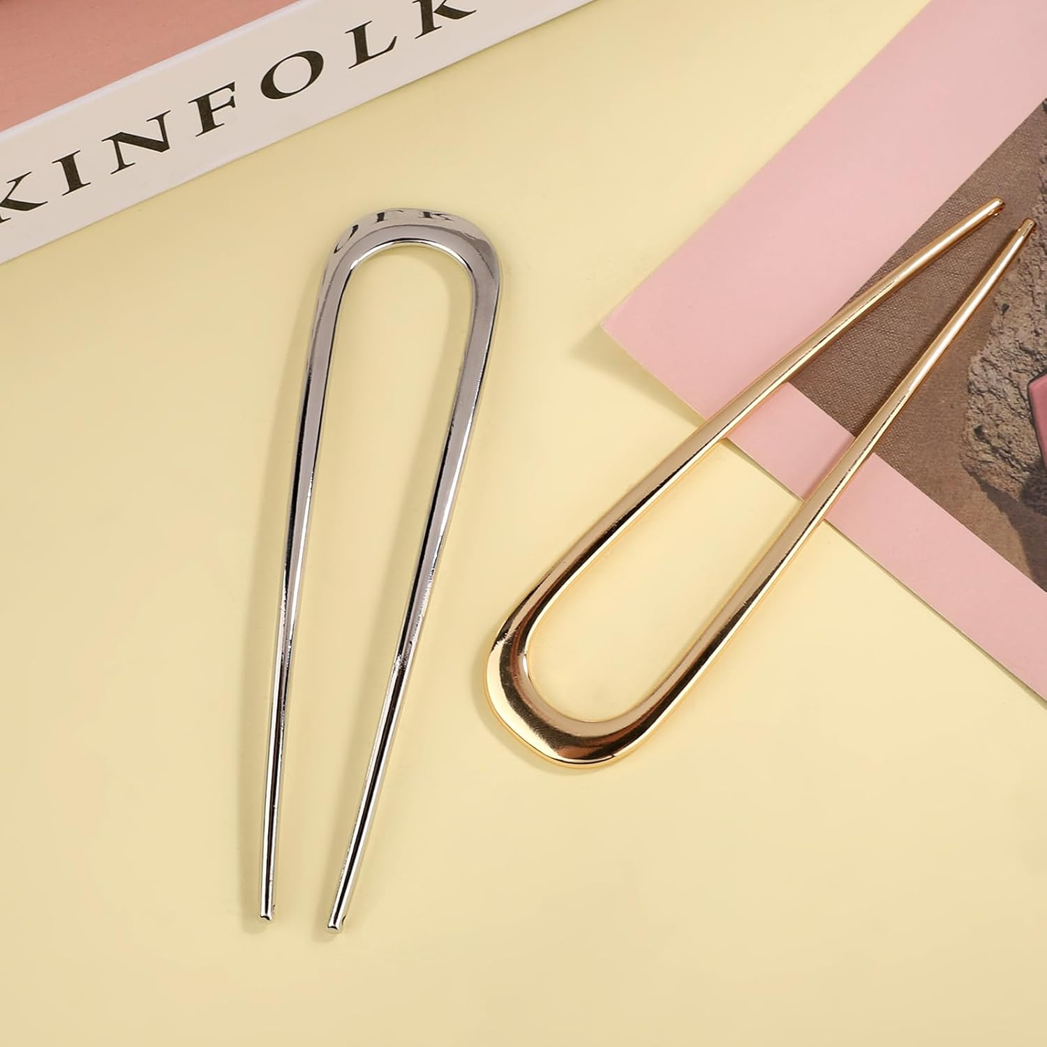Pack of 2 French Metal Hair Pins for Thick Hair, U Shaped Hair Pins Hair Sticks Hair Forks for All Hair Types of Women and Girls Styling Hair Styling Aid Accessories Gold & Silver
