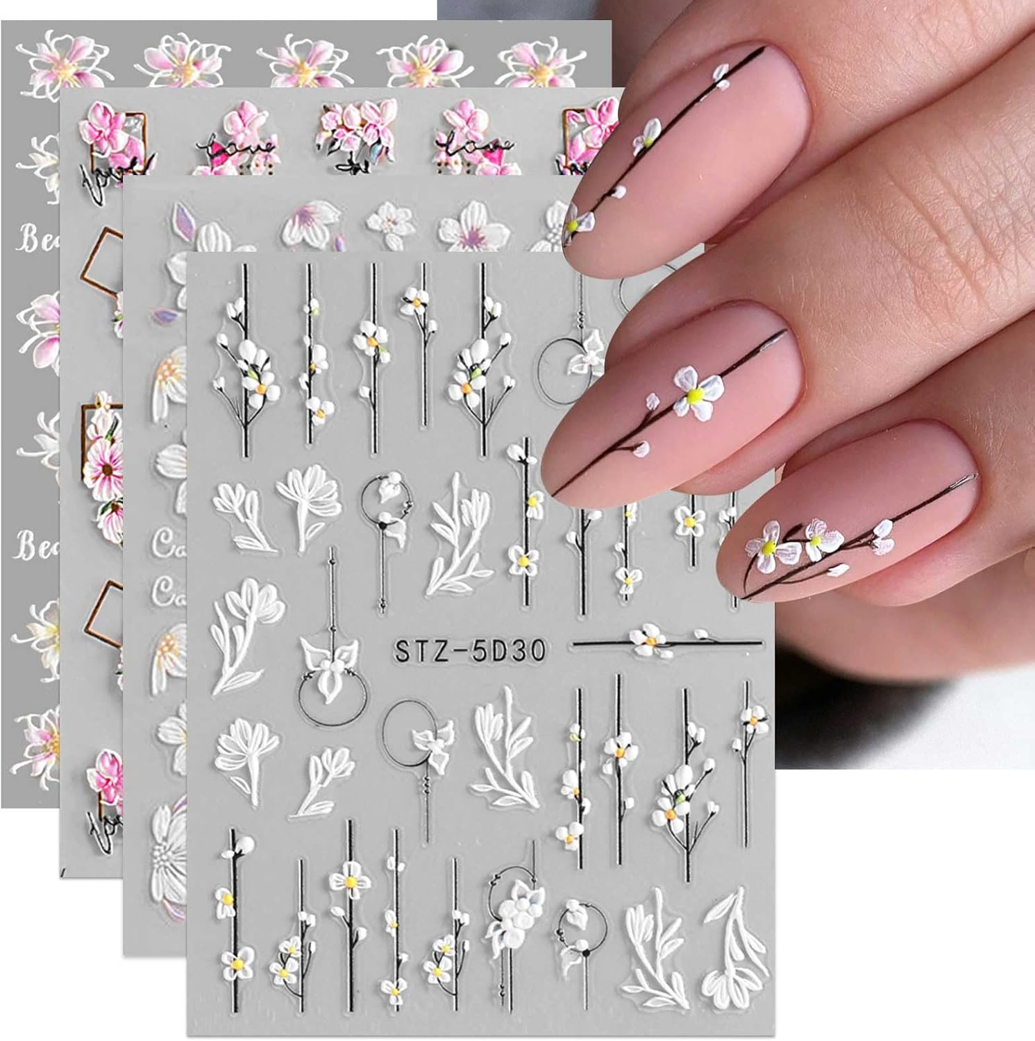 3D Embossed Flower Nail Art Stickers Decals Self-Adhesive Pegatinas U&ntilde;as 5D Floral Nail Supplies Nail Art Design Decoration Accessories 4 Sheets image number 2