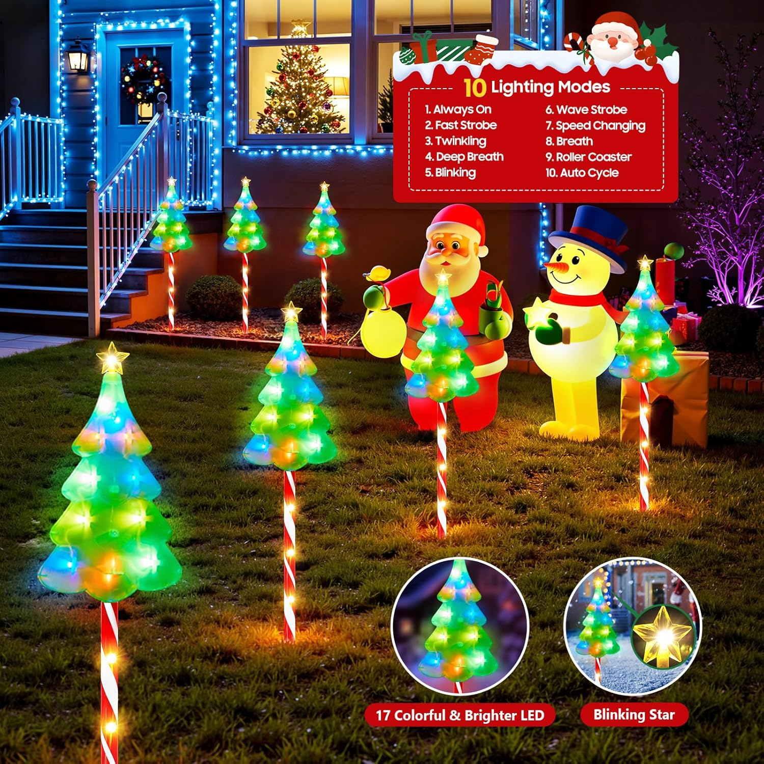 Ahaorigin Christmas Decorations, 6 Pack Colorful Solar Candy Cane Christmas Tree Lights with 10 Lighting Modes and Bright 102 LED, Waterproof Solar Light for Pathway Yard image number 5