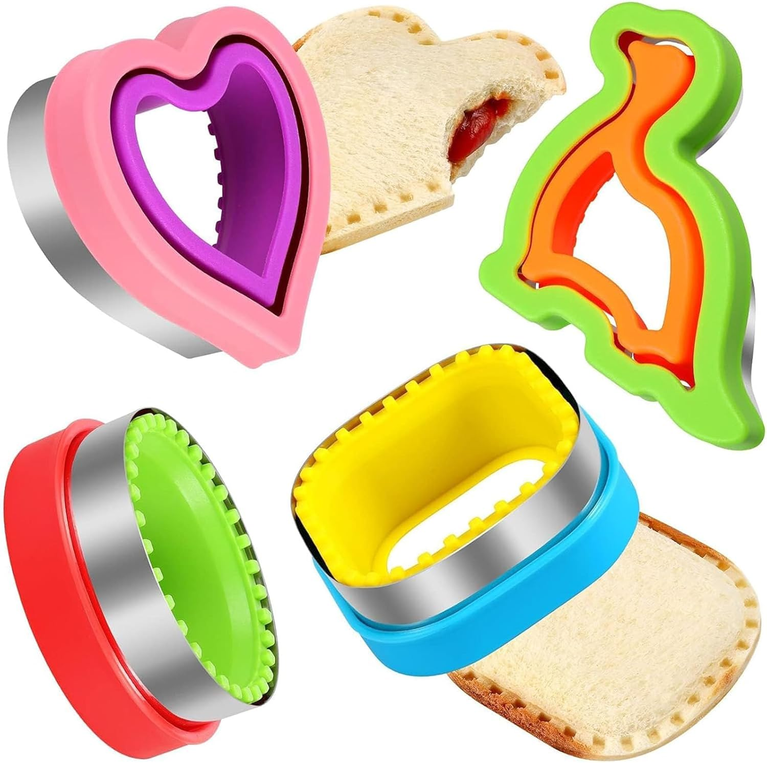 JMFCDA Sandwich Cutter and Sealer,Set of 4 Bread Sandwich Decruster Pancake Maker DIY Cookie Cutters for Bento Box,Round Heart Dinosaur Square Shapes Sandwich Decruster Press Mold image number 2