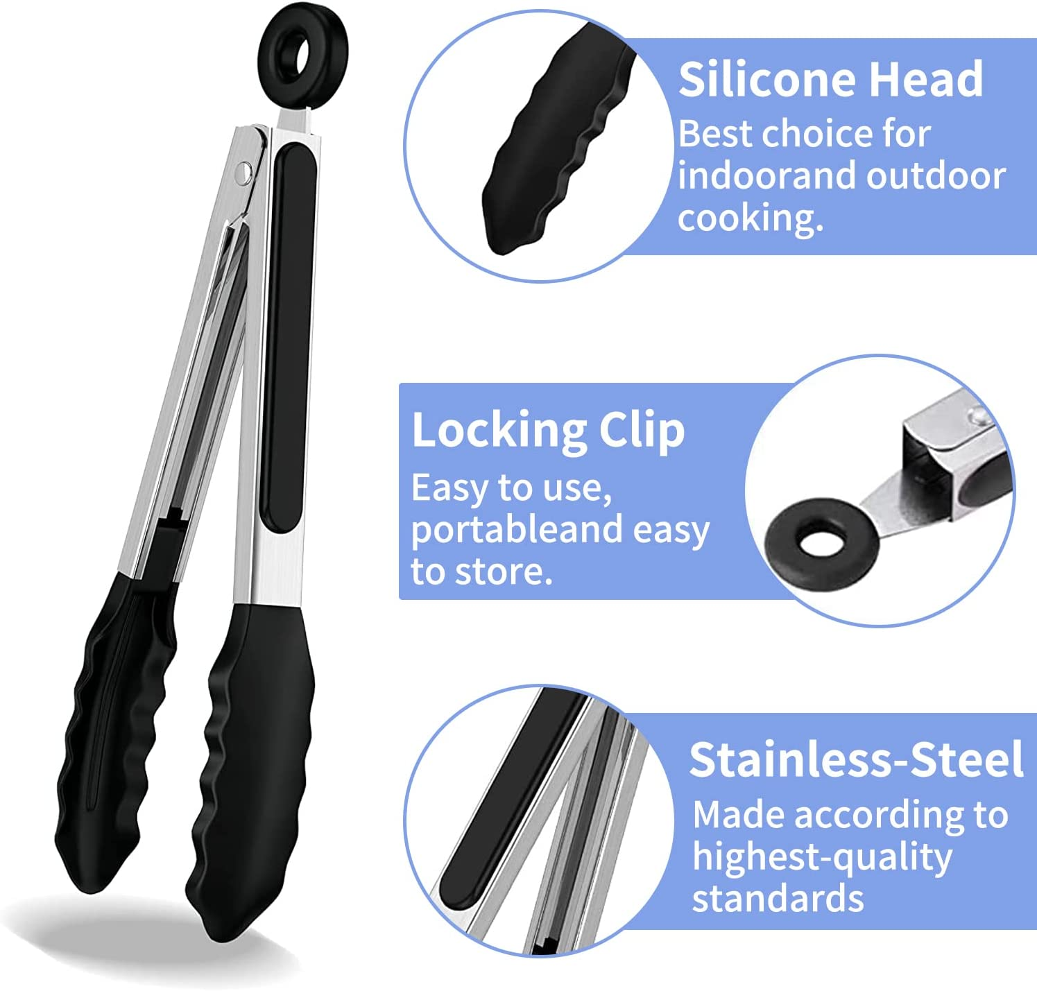 Kitchen Tongs Heat Resistant 480℉ - Set of 3 (7", 9" & 12"), Premium Stainless Steel Locking Cooking Tongs with Silicone Tips - Non-Stick & Non-Slip, Heavy Duty Food Tongs for Cooking, BBQ, Black image number 6