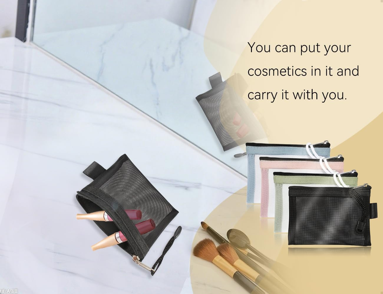 Emezddo Pack of 4 Pencil Cases, Transparent Mesh Nylon Zip Bag, Portable Cosmetic Bag, Waterproof Mesh Bag, Used for School, Office, Travel, Lipstick, Headphones image number 2