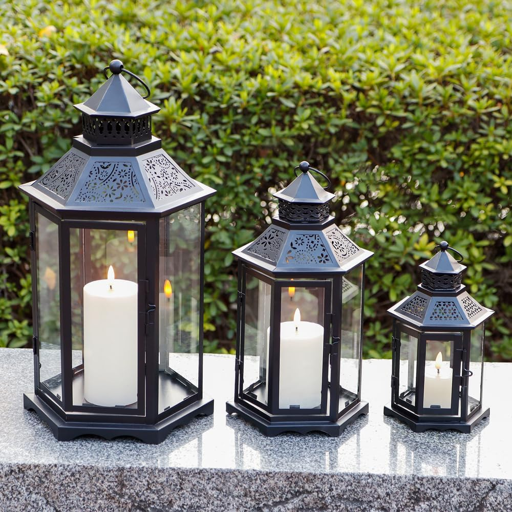 TRIROCKS Set of 3 Decorative Candle Lanterns18''&13"&10" H Hexagonal Candle Holder Vintage Metal Hanging Lantern with Tempered Glass for Garden Patio Wedding Event Indoors Outdoors(Black) image number 4