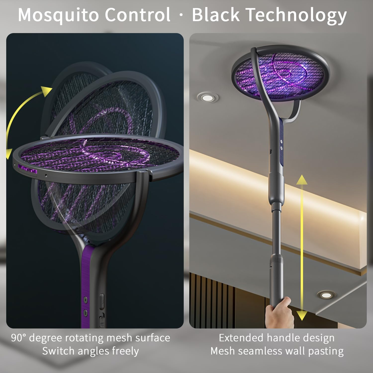 QUMOX Rotating Head Electric Fly Swatter Racket Rechargeable Bug Zapper Racket Bug Zapper Indoor Fly Zapper Mosquito Zapper Flies Killer for Indoors, with a Telescopic Extension Black image number 5