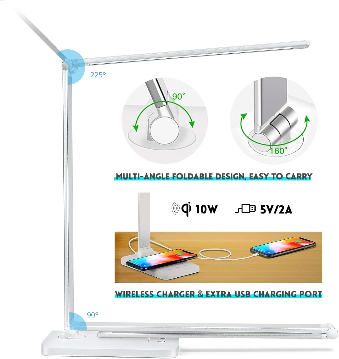 JOSTIC LED Desk Lamp with Wireless Charger, USB Charging Port, Desk Light with 10 Brightness, 5 Color Modes, Dimmable Eye Caring Reading Desk Lamps for Home Office, Touch Control, Auto Timer, White