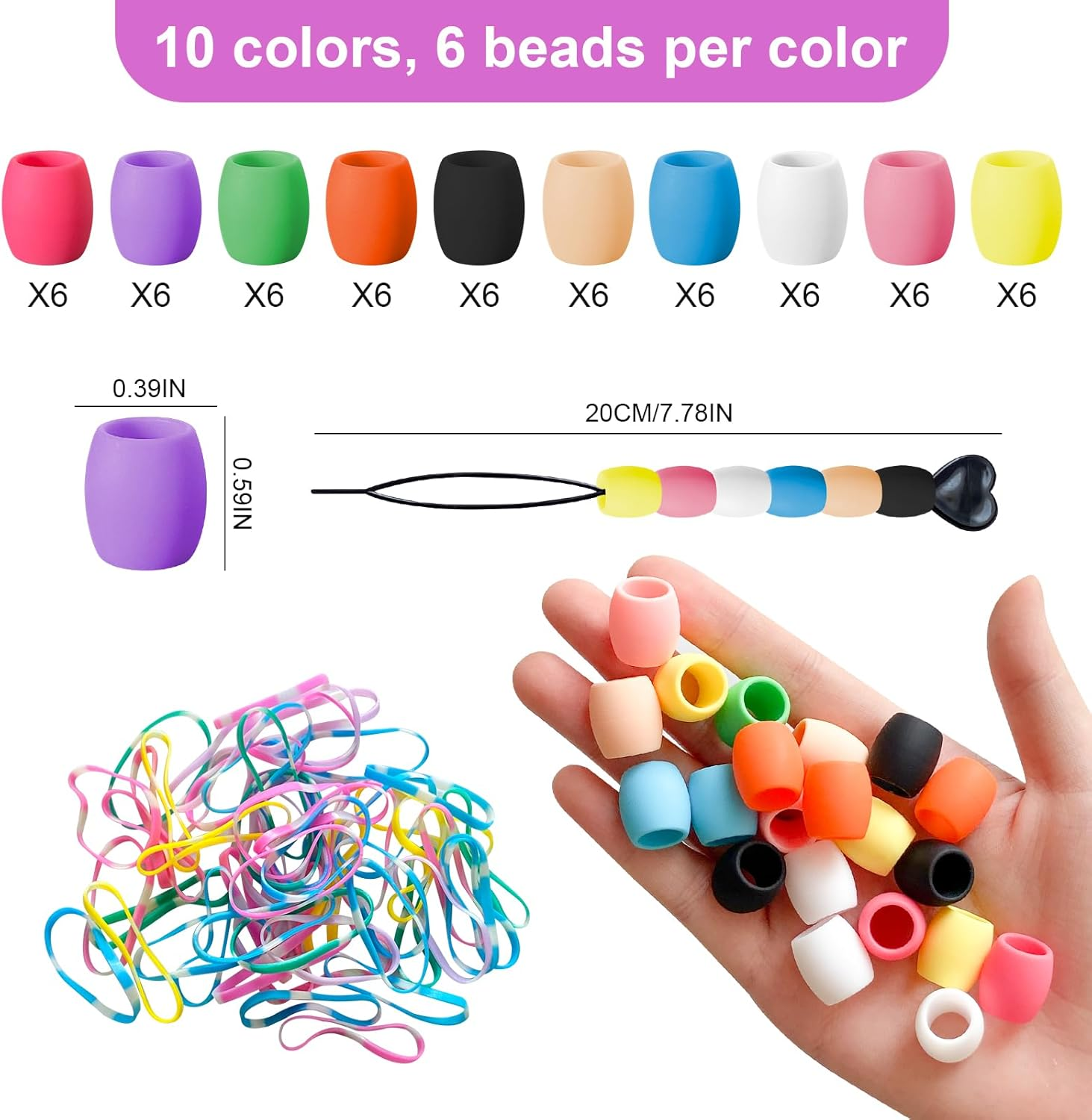 Jongdari 60Pcs Silicone Hair Beads for Kids Girls, Colorful Rainbow Large Soft Rubber Pony Beads Kit - 60Pcs, 10 Colors - Multicolor image number 2
