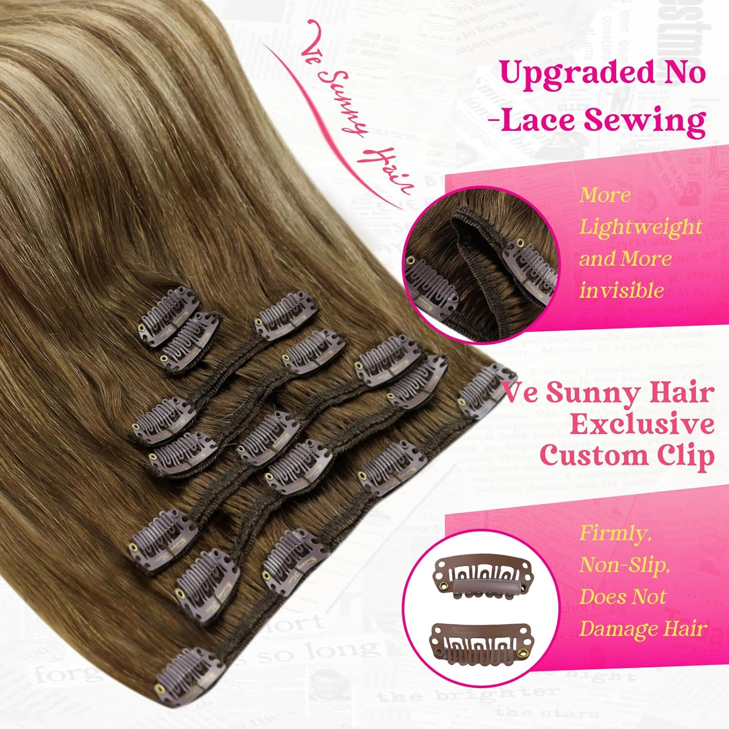 Vesunny 16Inch Clip in Ombre Blonde Hair Extensions Balayage Color #8 Light Brown Fading to #22 Blonde Mix Brown Full Head Clip in Hair Extensions Thick Human Hair 7Pcs/120G image number 3