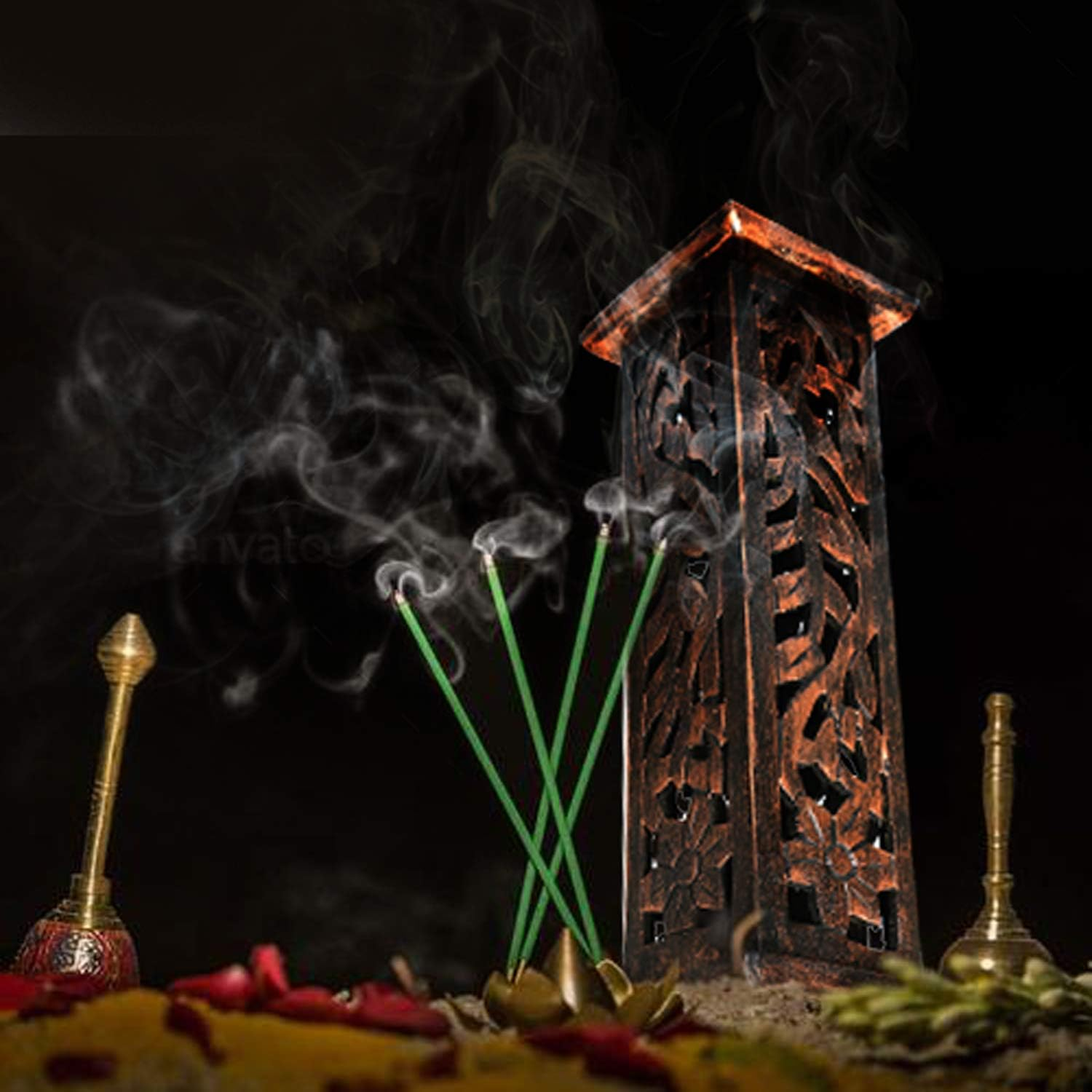 WILLART Wooden Incense Burner Stick Dhoop Stand Holder Burner | Four Stick Holder Tray | Hand Carved Flower Design | Ash Catcher |12 Inches | Home Fragrance | Aromatherapy Meditation Pooja Yoga | Home Accessories |Gift image number 3