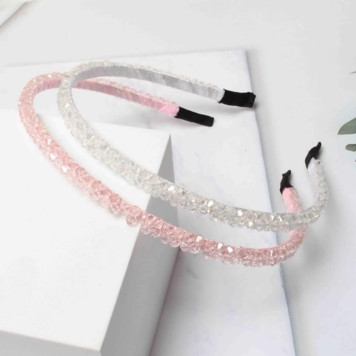 4 PK Crystal Rhinestone Headbands for Women Girls Double Rows Sparkly Beaded Hair Hoops Pink Weave Narrow Hair Bands Hair Accessories (Color B) image number 3