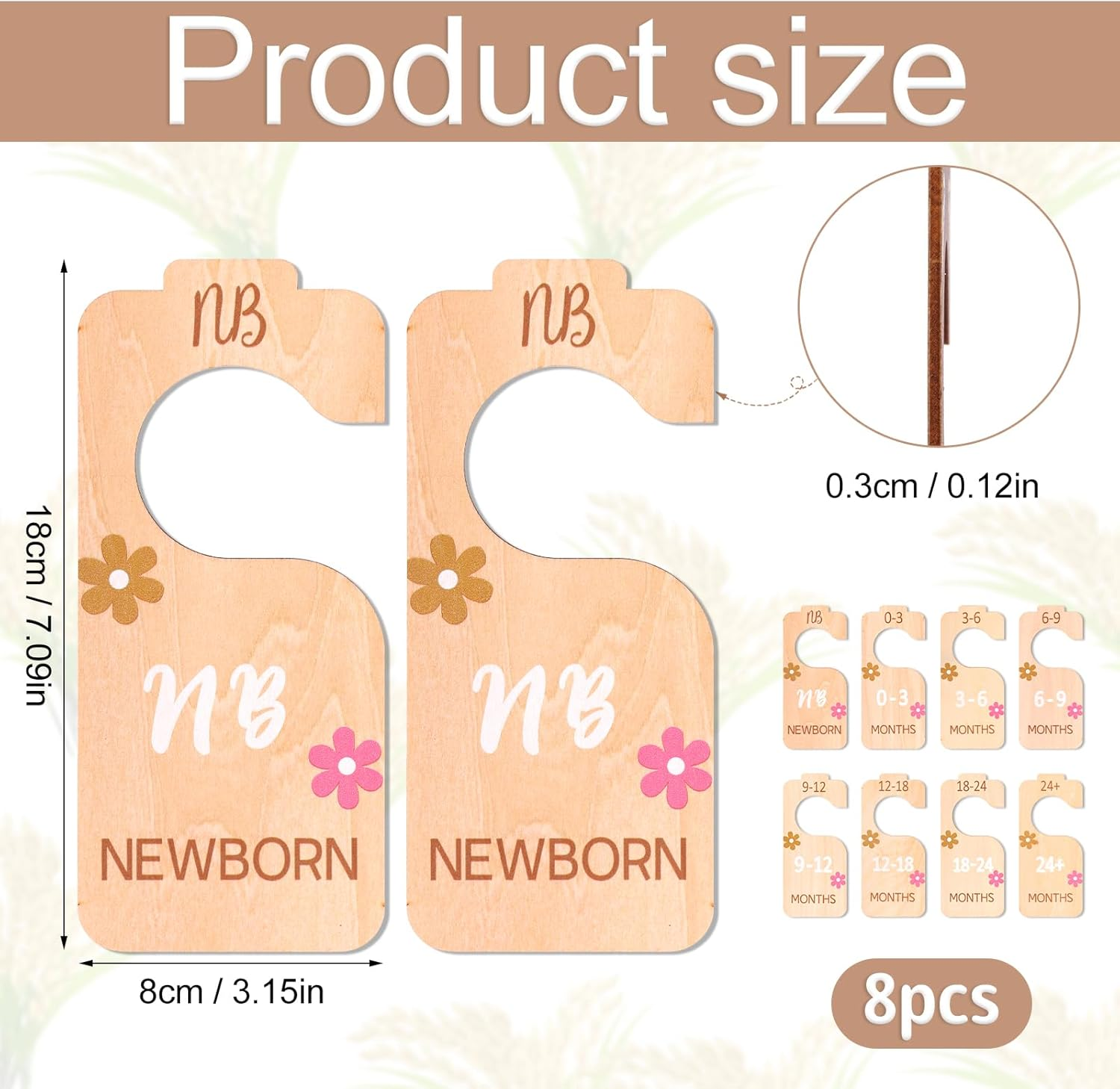 8Pcs Nursery Hanger Dividers, Wooden Baby Closet Dividers Sorting 8 Sizes Baby Clothes Organizer Dividers Closet Hangers Dividers Baby Wardrobe Dividers for Parents image number 3