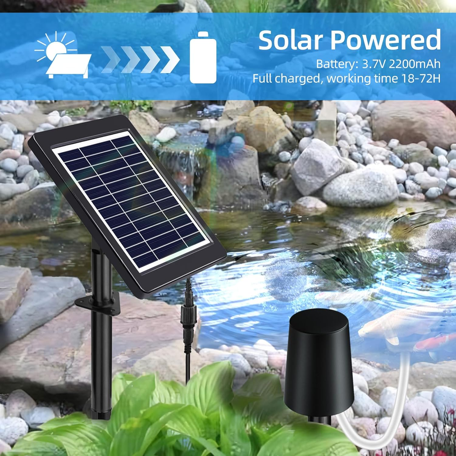Solar Pond Aerator with Air Pump 3 Modes 4W Air Oxygen Pump with Pipe 2 Air Bubble Stones No Noise Solar Powered Pond Aerator for Pond Stock Tank Fishing Hydroponics image number 3