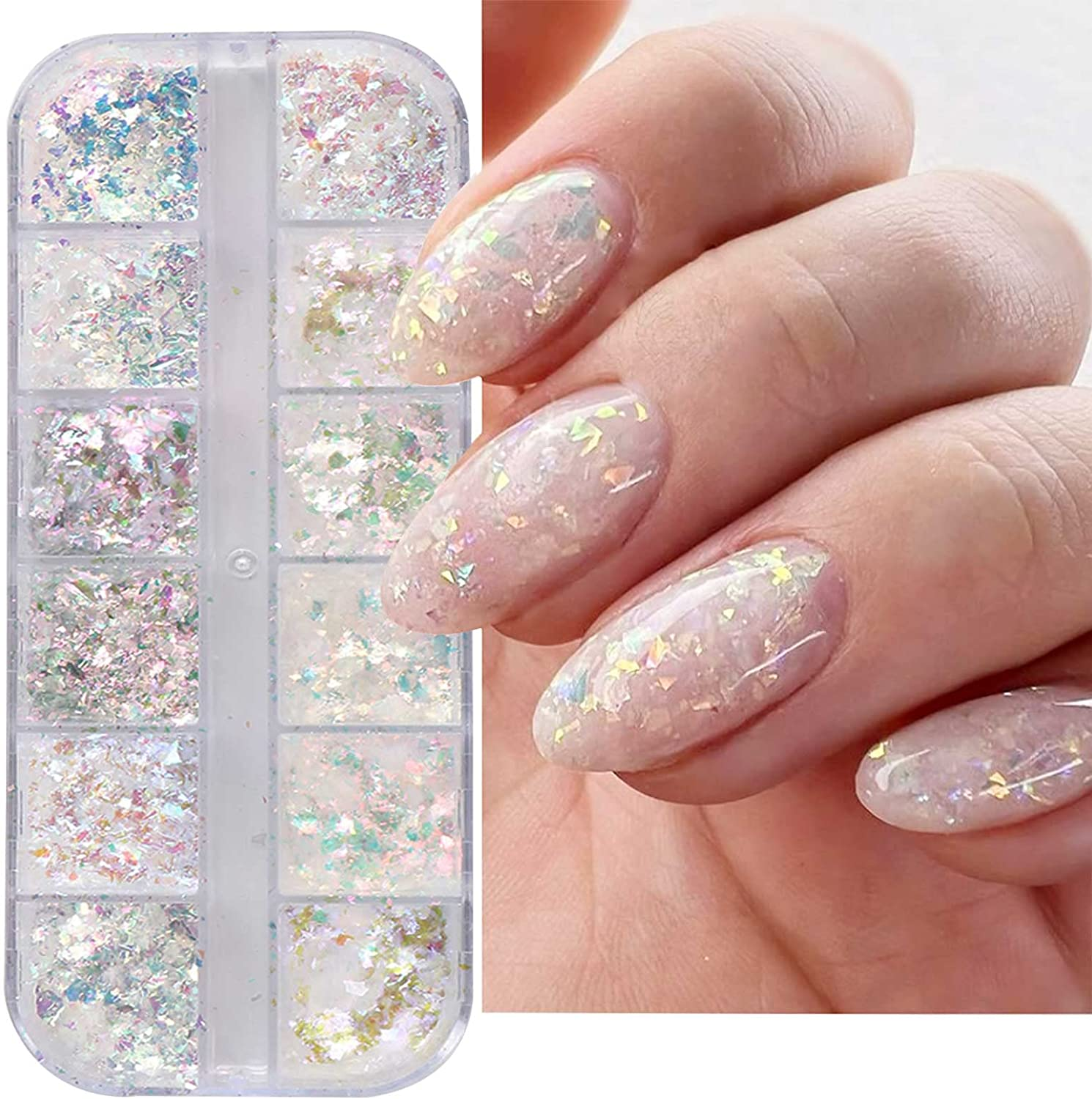 Jmeowio Holographic Nail Art Glitter Iridescent Flakes Foil 12 Grids Mermaid Bright Colorful Star Gradient Ice Slag Sequins Paillettes Summer Decoration image number 4