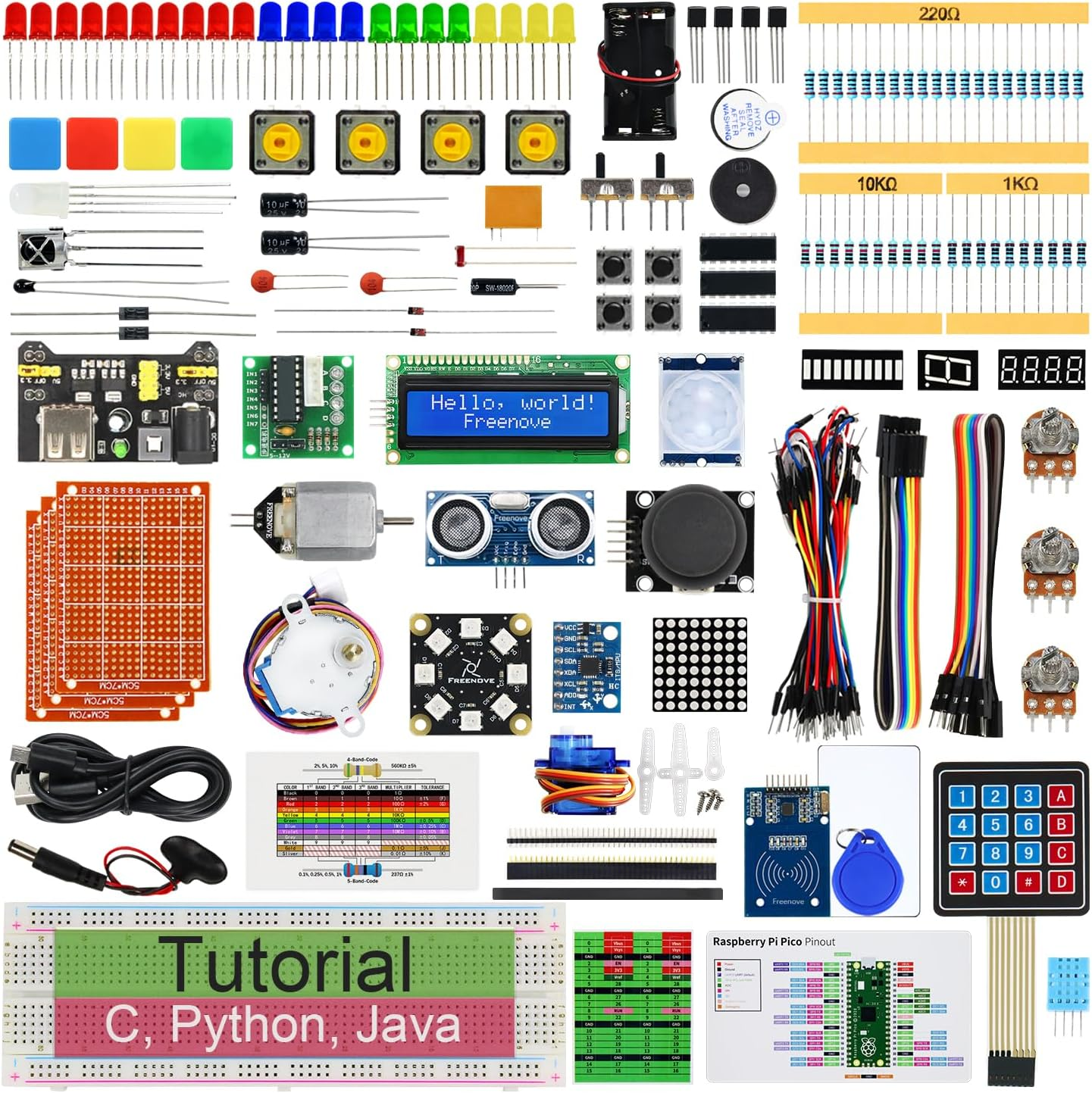 Freenove Ultimate Starter Kit for Raspberry Pi Pico 1 2 W (Not Included), 767-Page Detailed Tutorial, 220 Items, 119 Projects, Python C Java Code