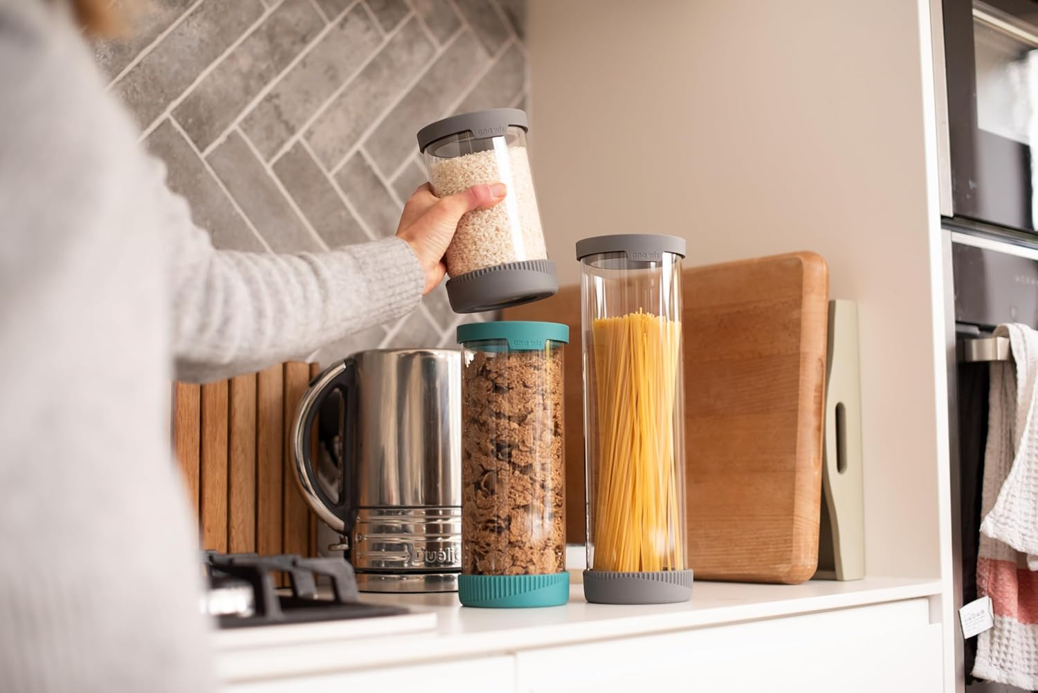 Ana Wiz Stackable Glass Storage Jar, with Airtight Vent & Silicone Base | Four Sizes & Two Colour Options, Perfect Kitchen Organisation (Charcoal - 1000Ml) - Charcoal - 2000Ml image number 7