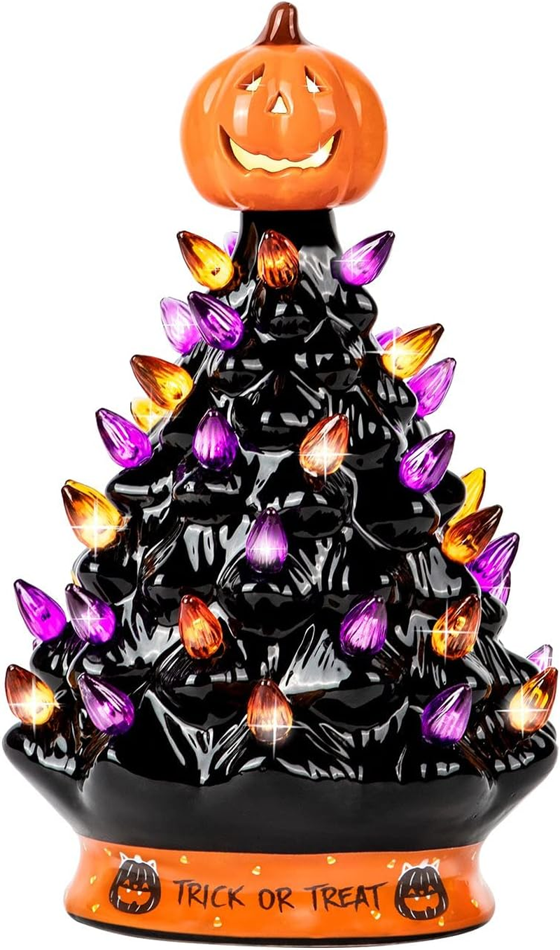 RJ Legend Ceramic Tree - Christmas Decorations, Orange Pumpkin Head-Home Decoration over 50 Multicolor Bulbs, LED Light up by Battery - Black, 15 Inch