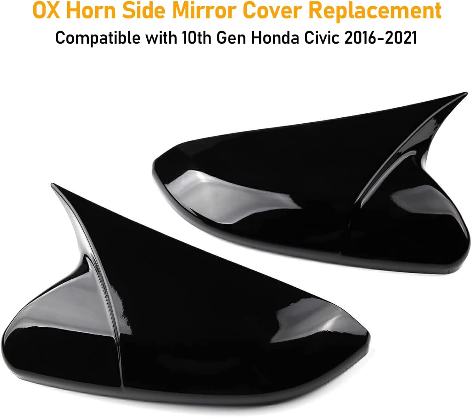 Moonlinks Compatible with 2016-2021 Honda Civic Side Ox Horn Mirror Cover Replacement,Glossy Black Mirror Cap for 10Th Gen Civic,2019-2022 Insight,Lh & RH Side Door Rearview Mirror Cover Trim(1 Pair） image number 1