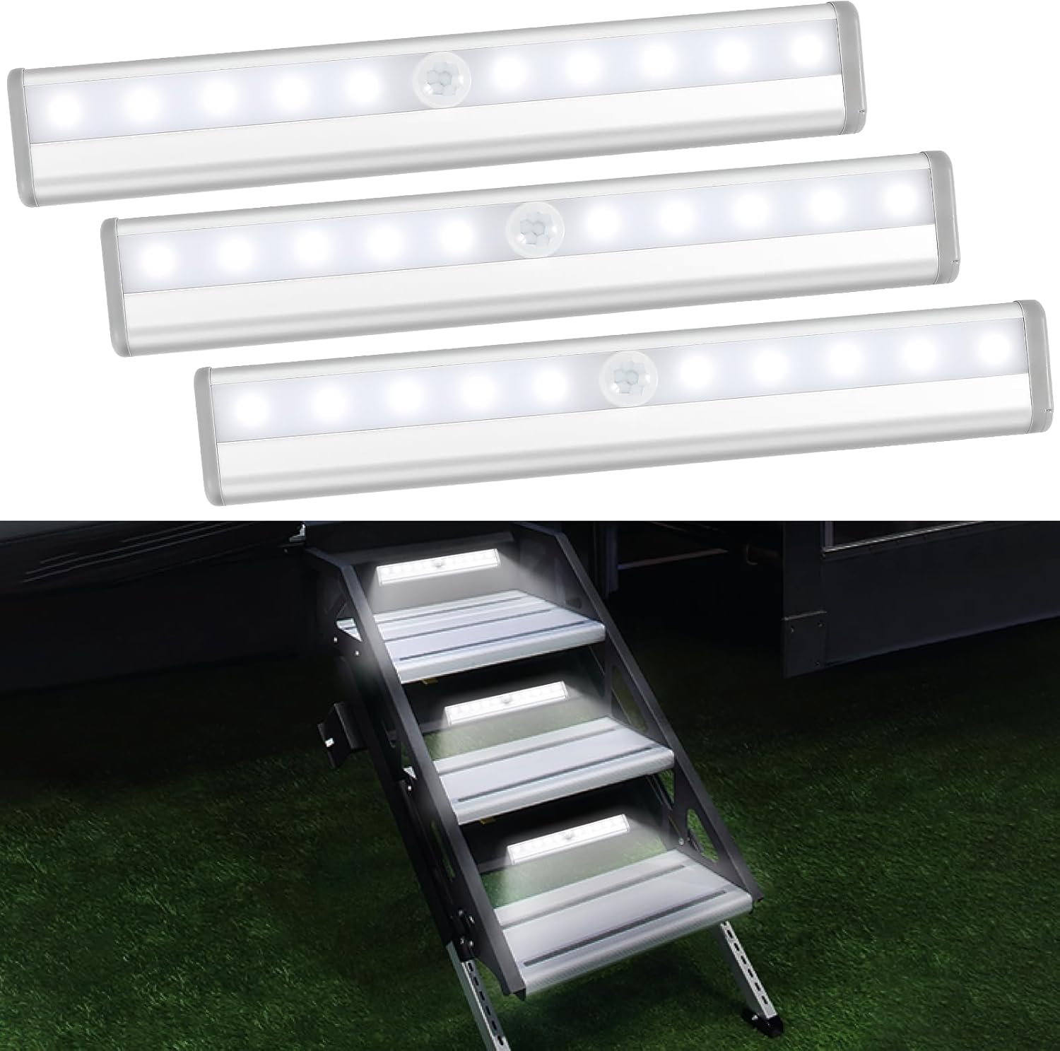3 Pack Motion Sensor RV Step Lights, 10 LED Battery Operated Motorhome Motion Activated Light Strip, Magnetic Night Light Bar for Motorhome Travel, Trailers, Camper (White Light)