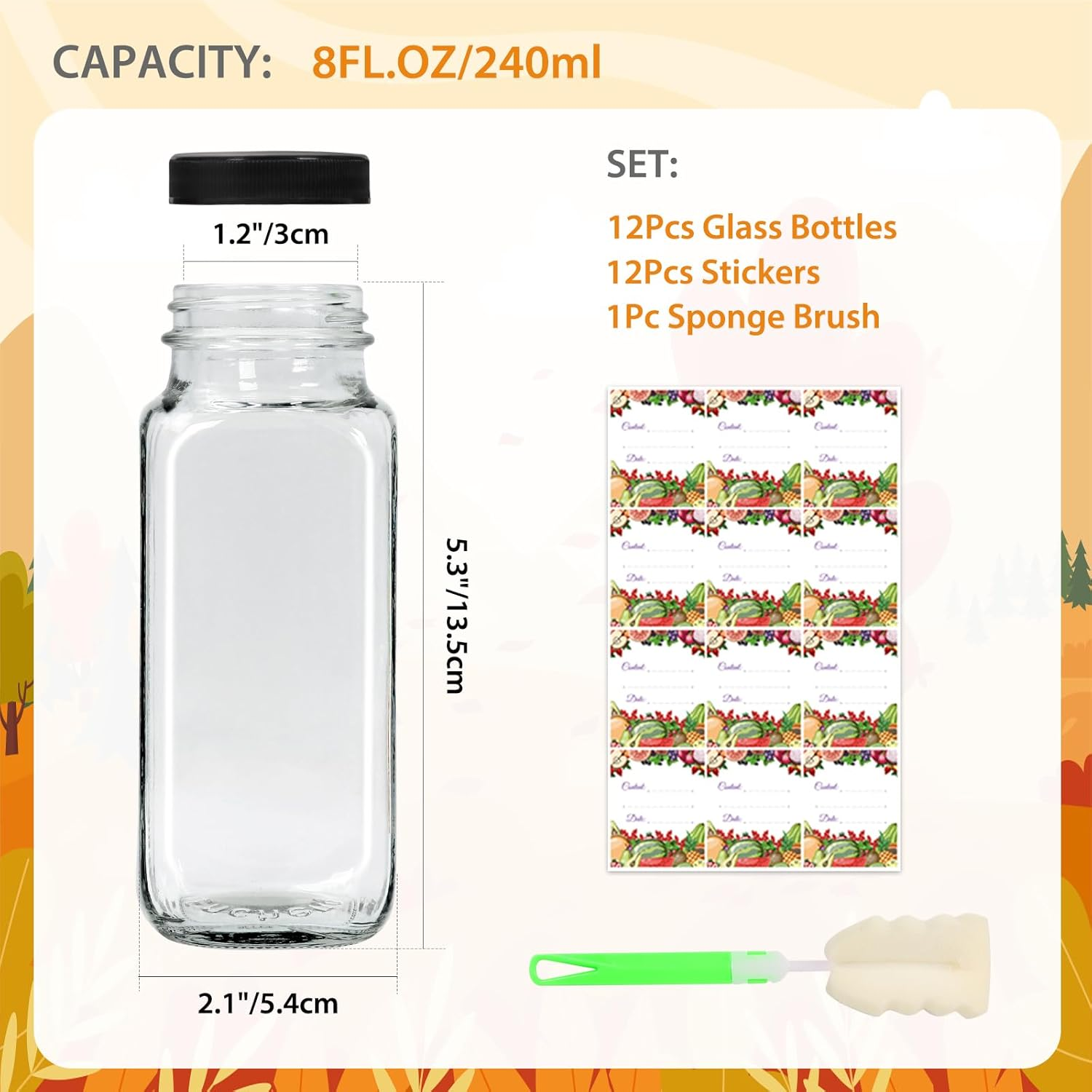 Aurotrends 8 Oz Glass Bottles with Lids 12Pack, 250Ml Glass Bottles for Juicing, Water, Kombucha - Portable Glass Juicing Bottles Reusable Glass 8Oz (8Fl.Oz, Set of 12) - 12Fl.Oz-6Pack image number 6