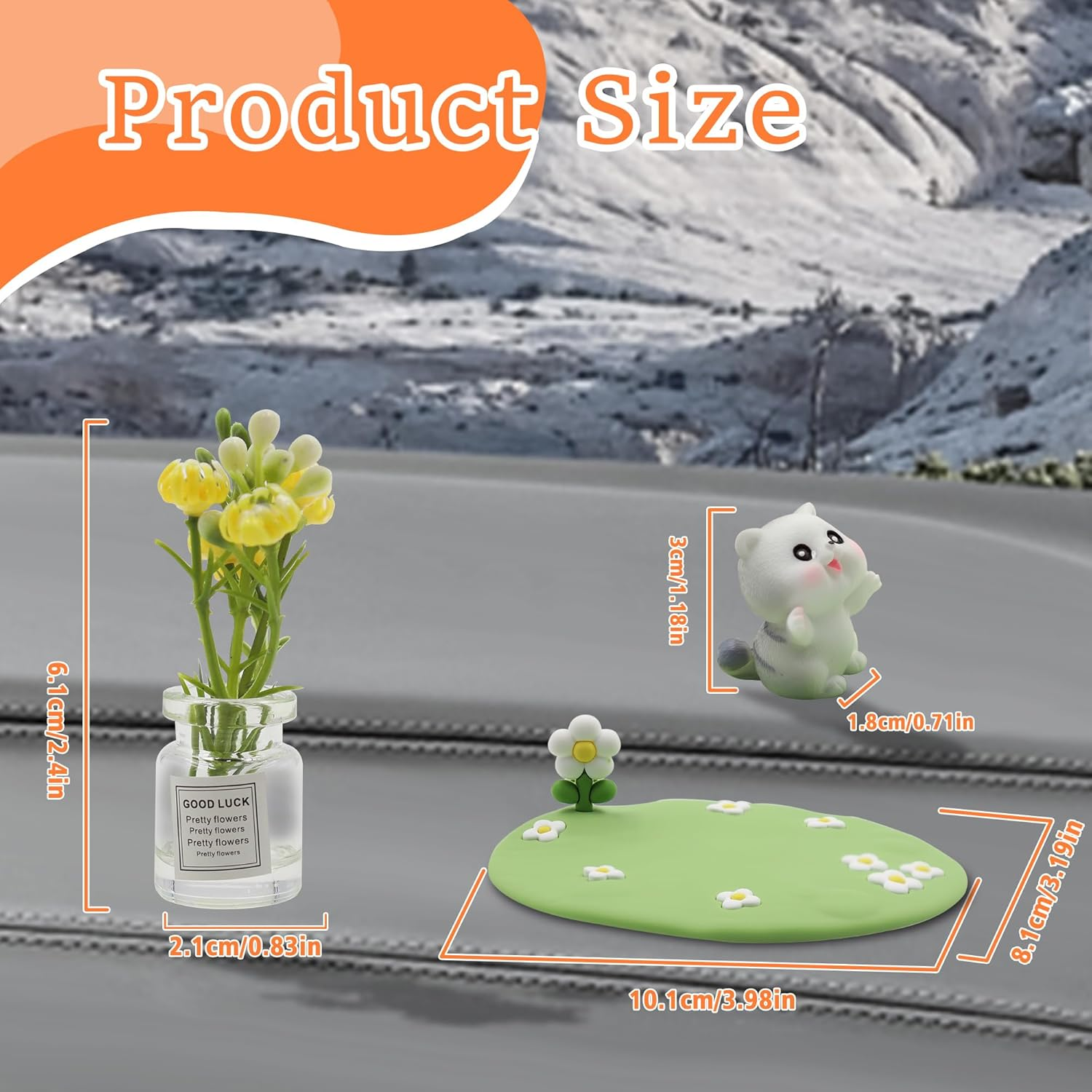 Mini Cat and Jasmine Car Dashboard Decorations, Cute Car Accessories for Women and Men, Mini Car Interior Accessories, Funny Car Rear View Mirror Accessories (Green)