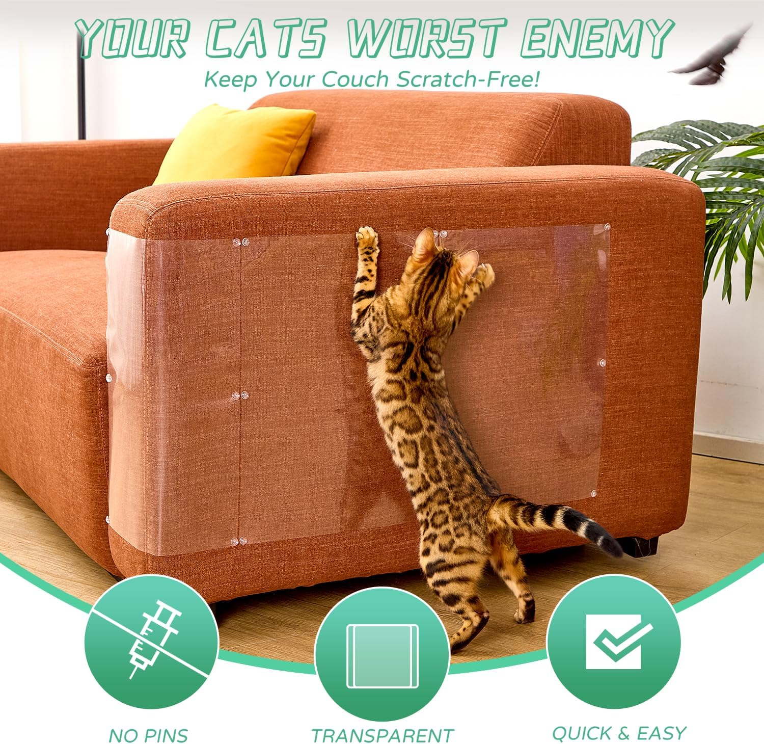 10 Pcs Furniture Protectors from Cats, Clear Self-Adhesive Cat Scratch Deterrent, Couch Protector 4 Pack X-Large (18"L 12"W) + 4 Pack Large (9"W) + 2 Pack (6"W) Cat Repellent for Furniture - 6Pcs + 40Pins image number 4