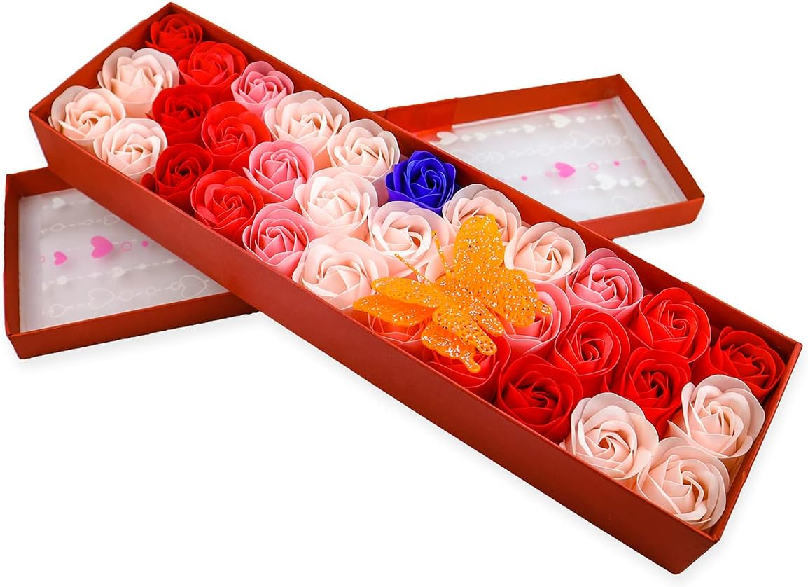 JIALEEY 33 PCS Floral Scented Bath Soap Rose Flower Petals, Plant Essential Oil Rose Soap Set Gifts Ideas for Her Women Girls Mom Valentine'S Day, Red Gift Box